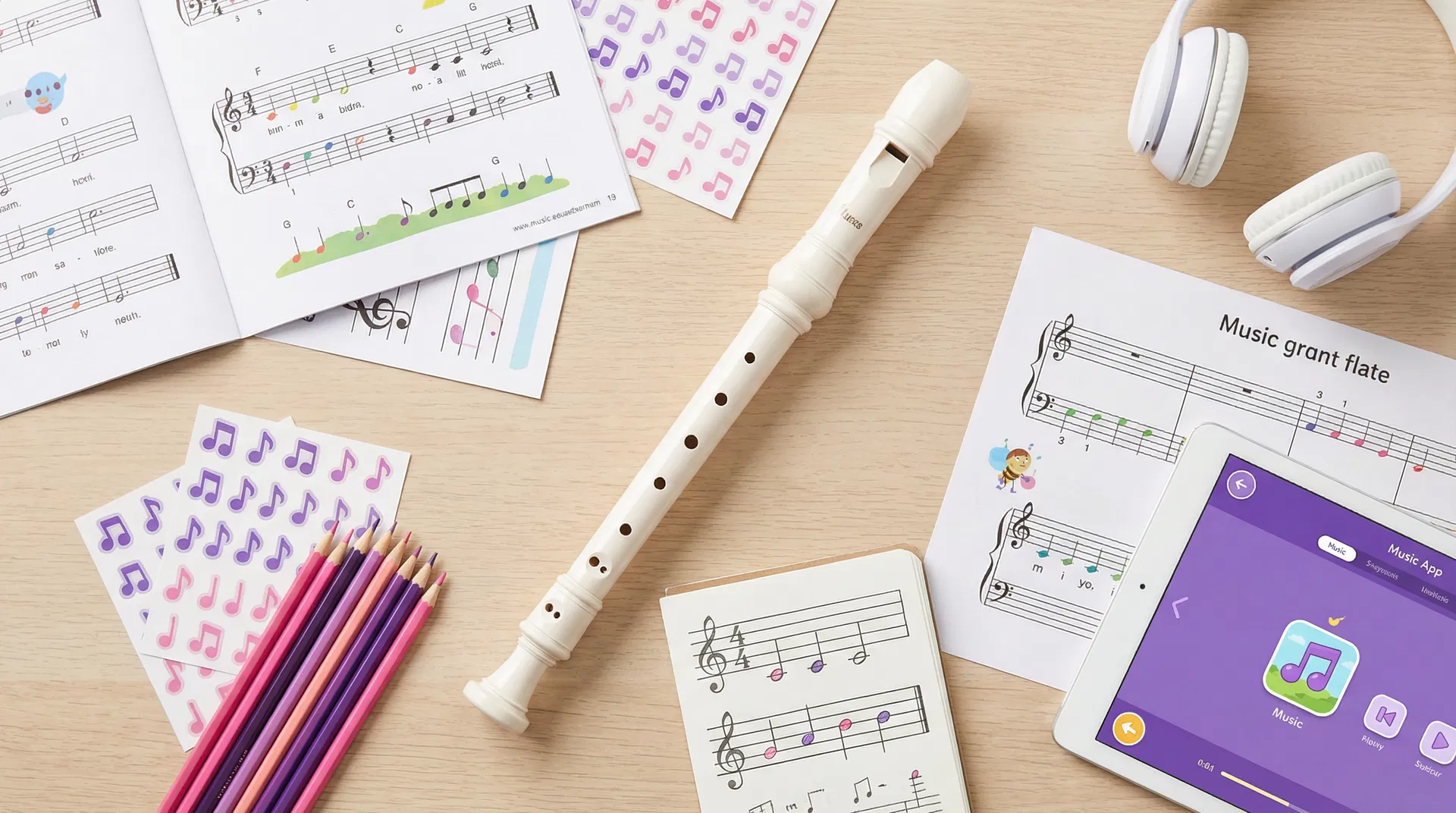 Materiais de musicalização infantil com flauta doce, partituras e atividades