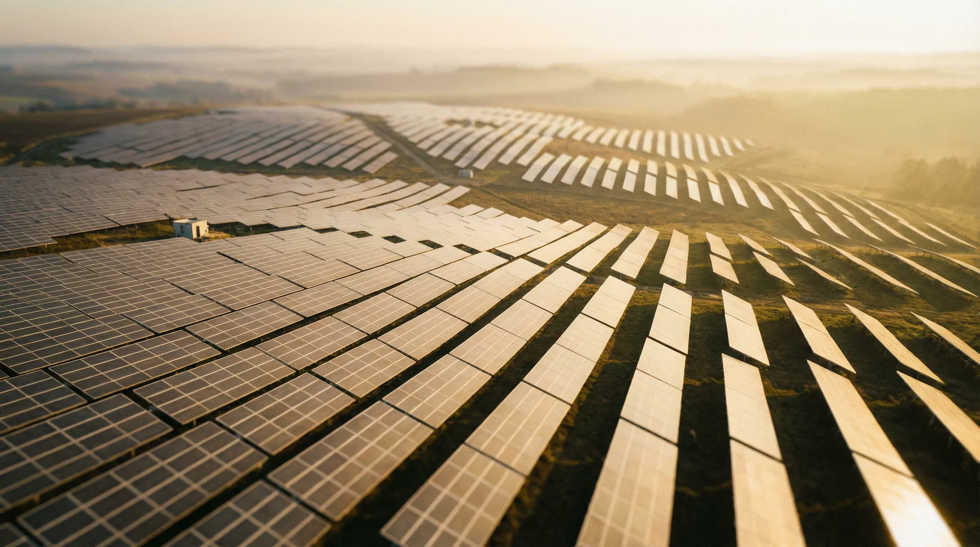 Aerial view of solar farm at golden hour