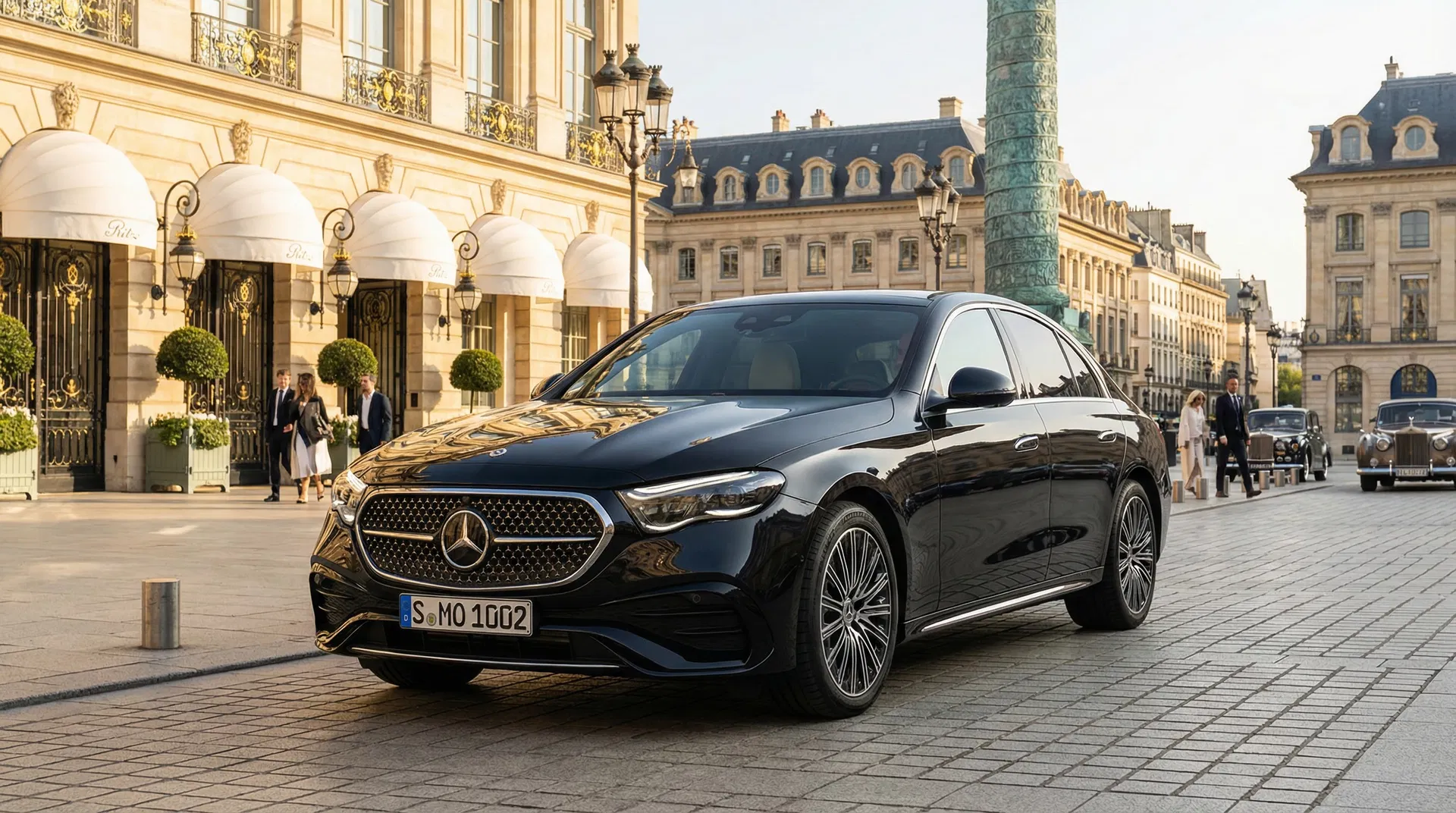 Mercedes Classe E 2025 noir devant le Ritz Place Vendôme Paris