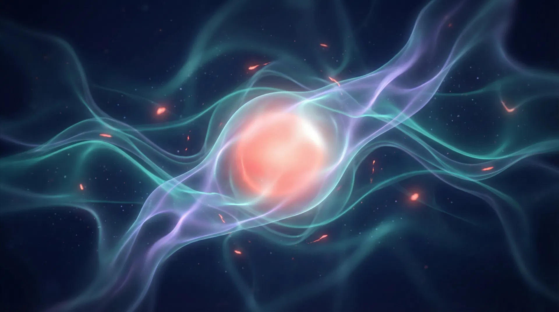 Abstract luminous signal — adaptive intelligence emerging from the convergence of teal, violet, and coral light