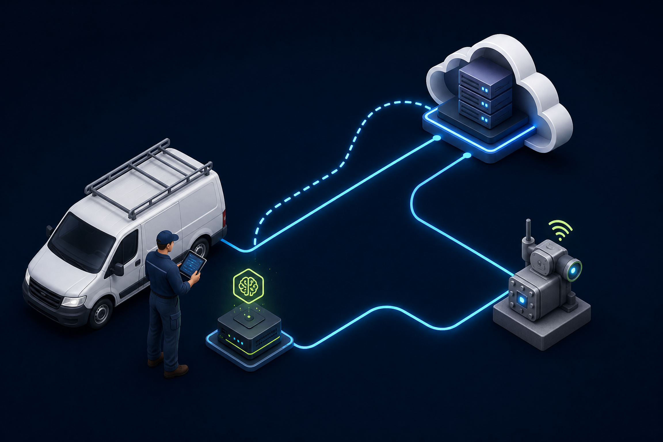 Conceptual diagram of a service vehicle, field technician, edge node, sensor, and cloud connected by redundant data paths.