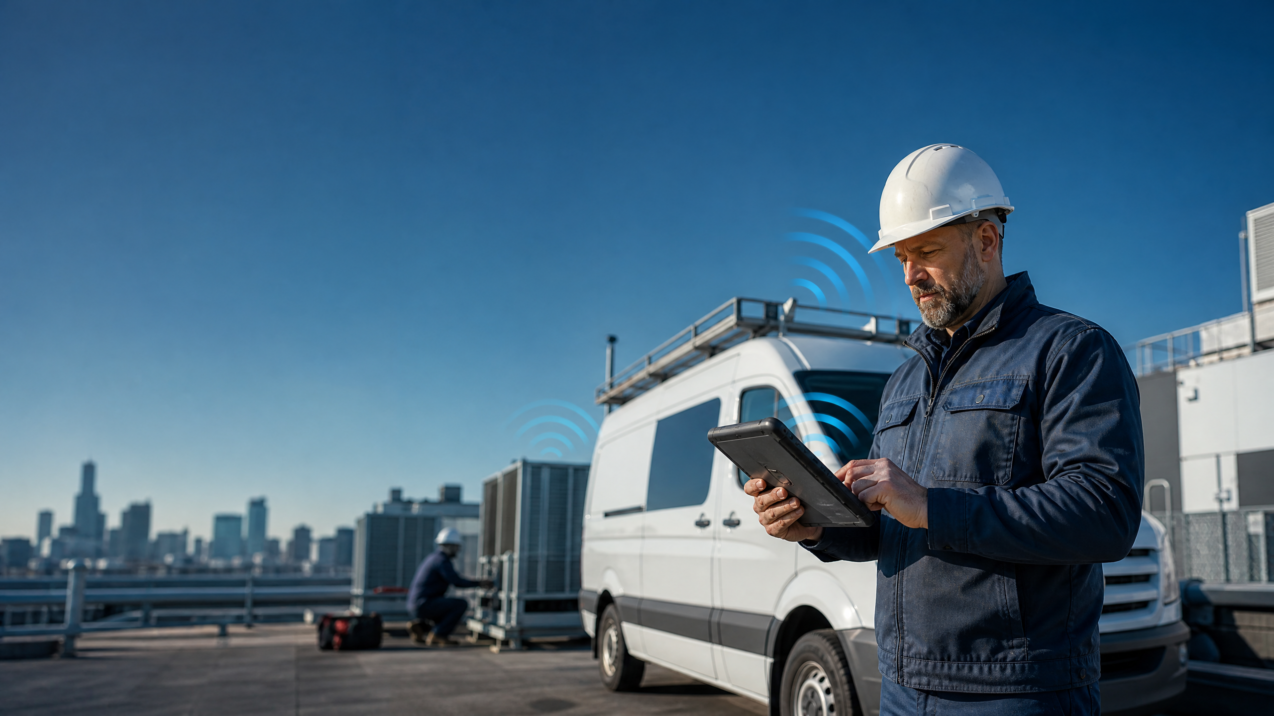 Field technician using a rugged tablet beside a service van with wireless connectivity signals at a commercial job site.