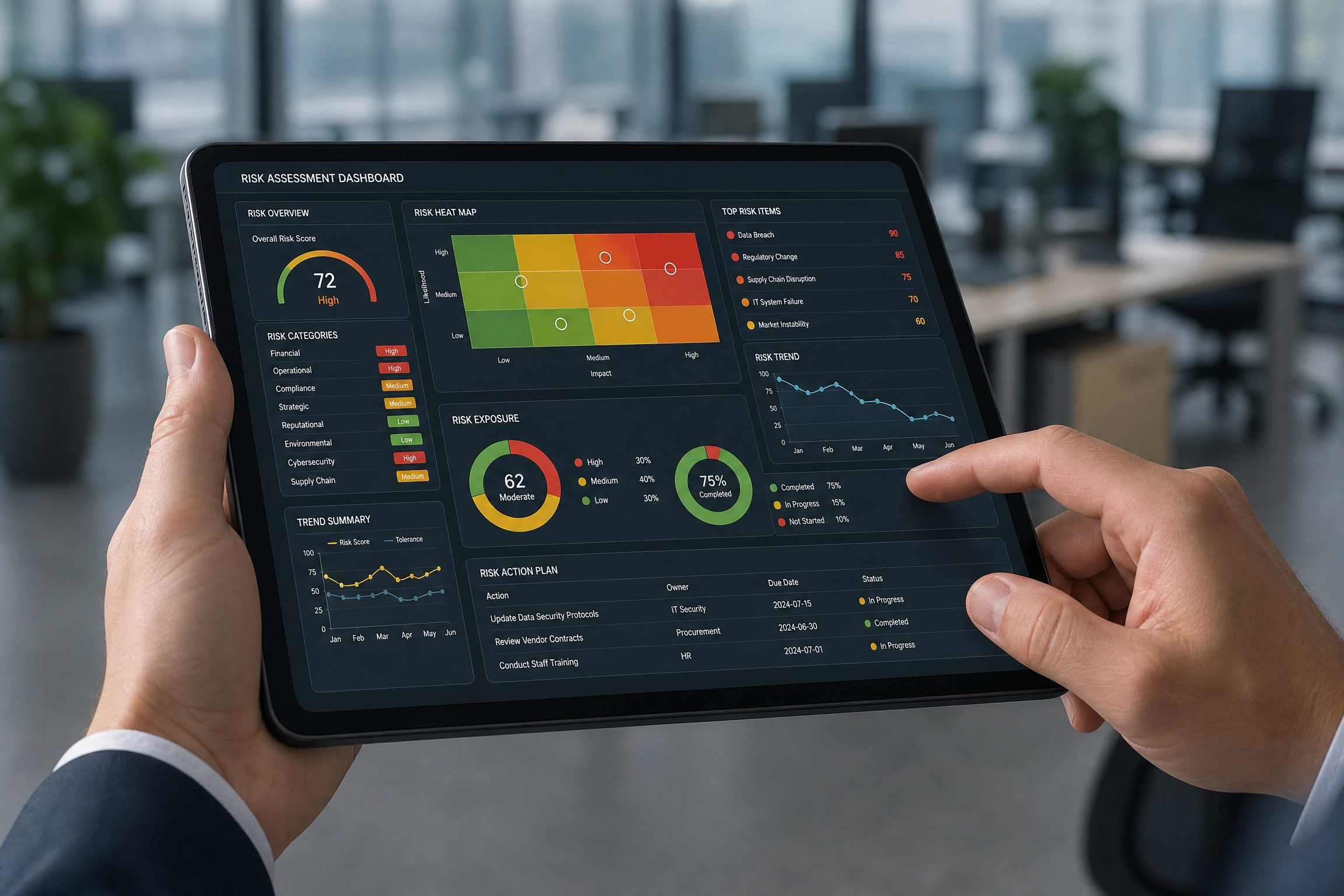 Tangan seorang profesional sedang menggunakan tablet yang menampilkan dasbor penilaian risiko dengan berbagai indikator dan grafik.
