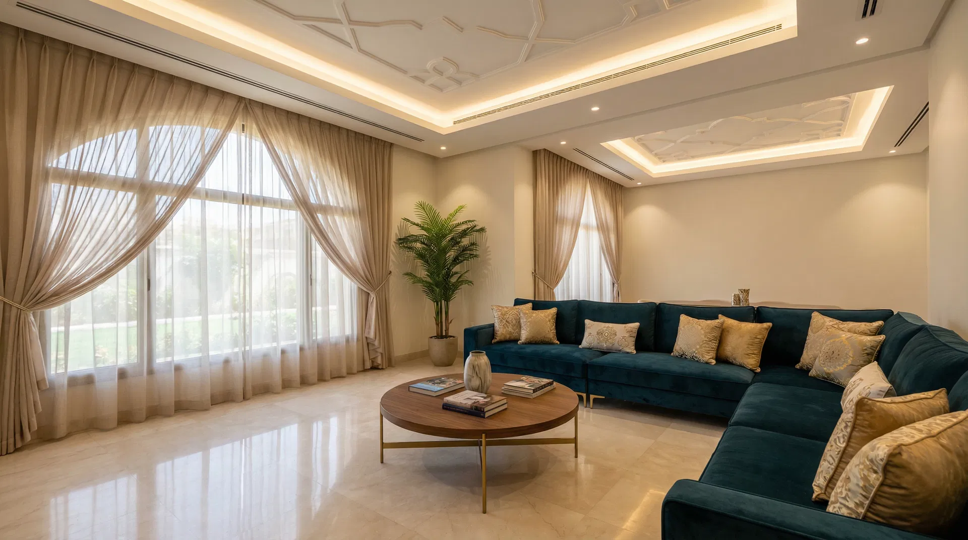 غرفة معيشة فاخرة بكنب أخضر داكن