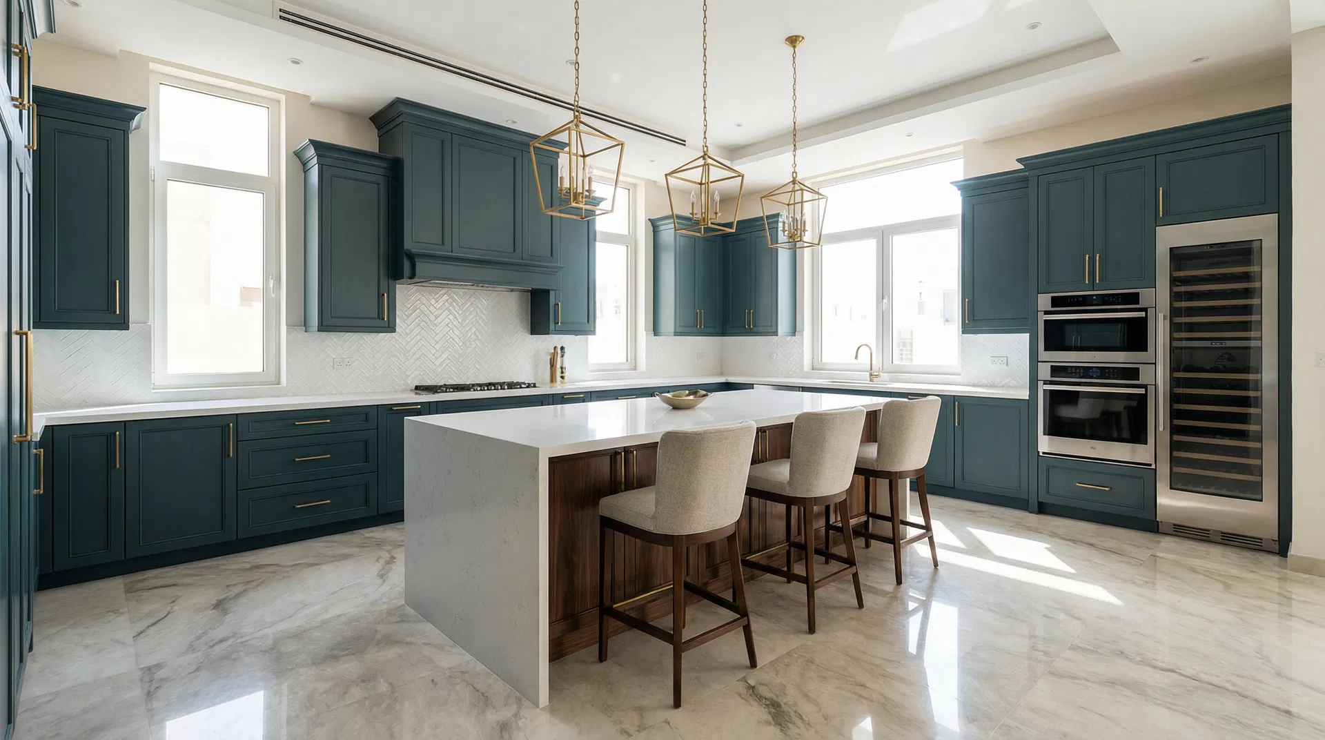 مطبخ فاخر بخزائن خضراء داكنة