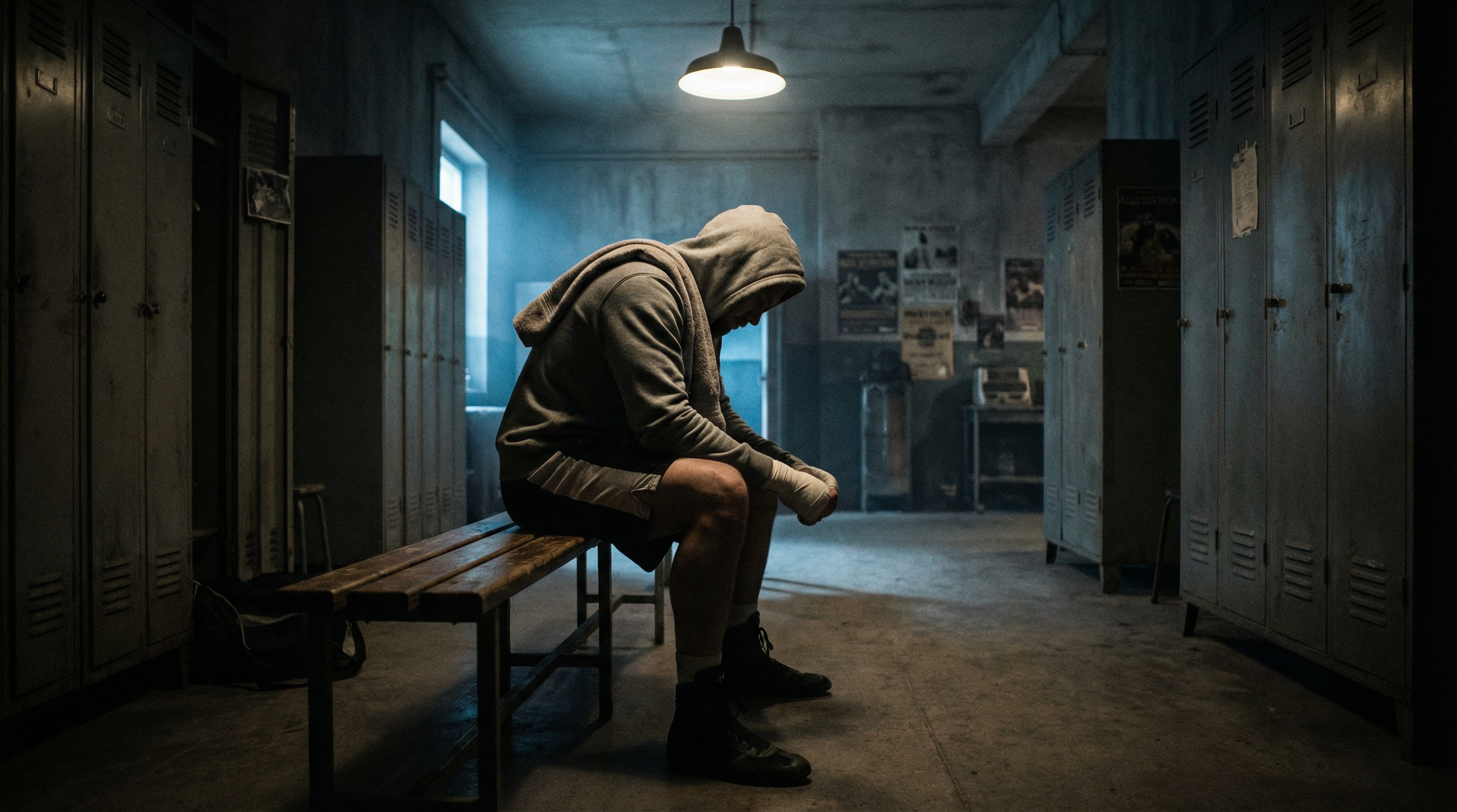 Athlete in focused recovery in a dark boxing gym locker room