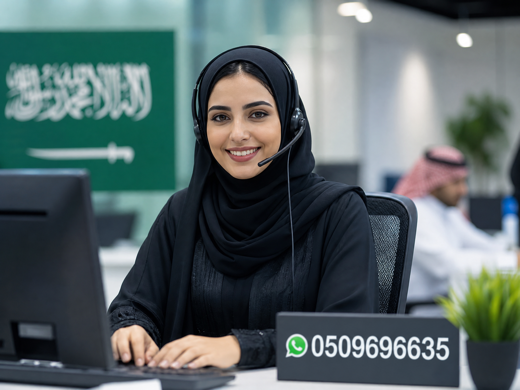 موظفة خدمة عملاء مبتسمة مع رقم التواصل 0509696635