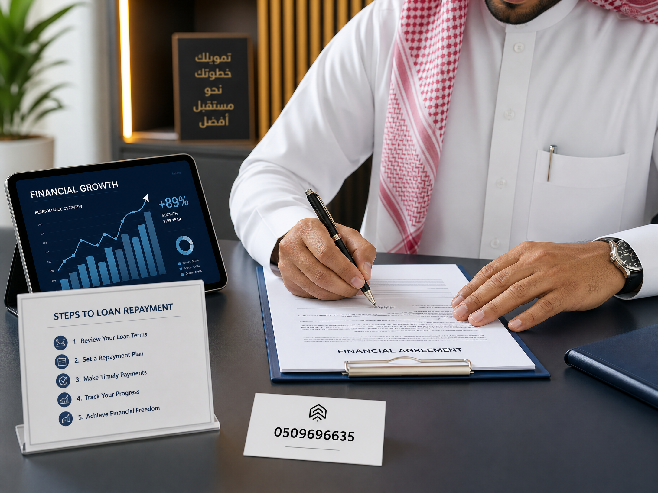 رجل يوقع اتفاقية مالية مع رقم التواصل 0509696635