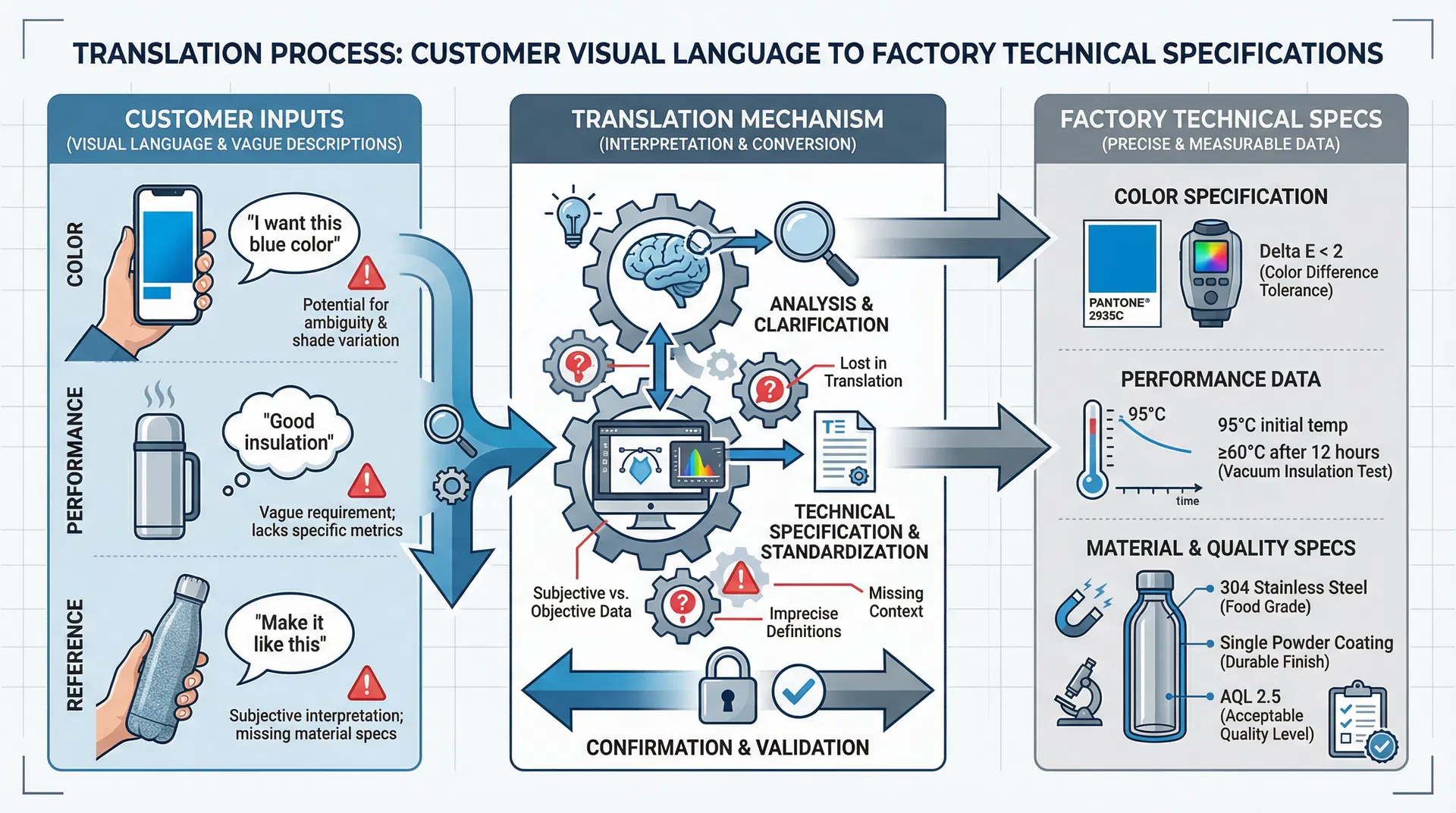 客戶視覺語言 vs 工廠技術語言的轉譯流程圖