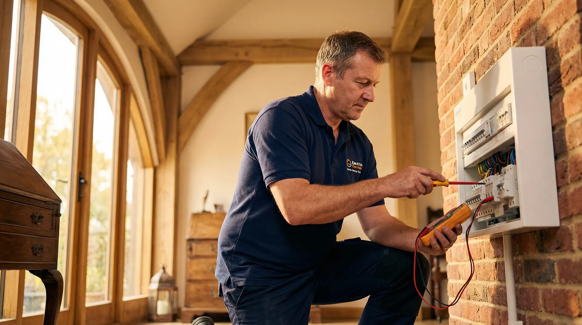 Professional electrician working on a consumer unit in a Winchester home