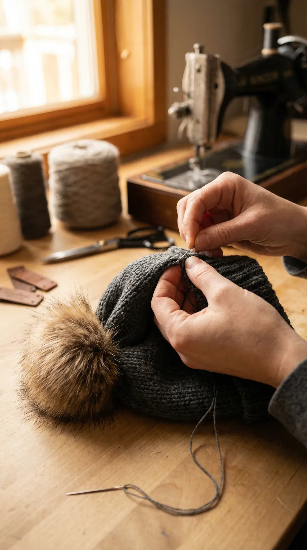 Handcrafted luxury ski beanie with fur pom