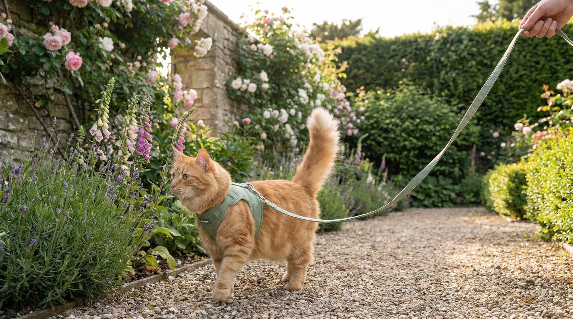 Cat walking on a harness through an English cottage garden