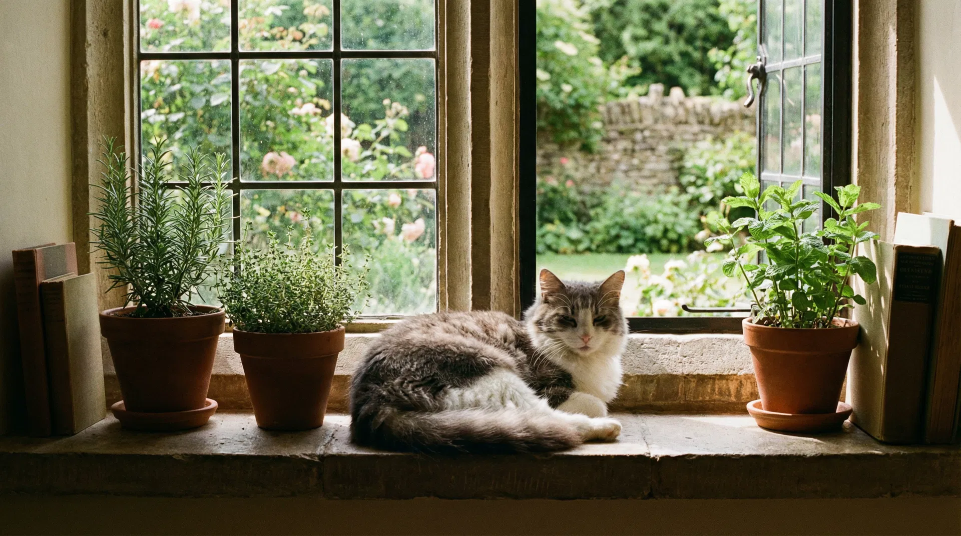 Cat relaxing on a cottage windowsill