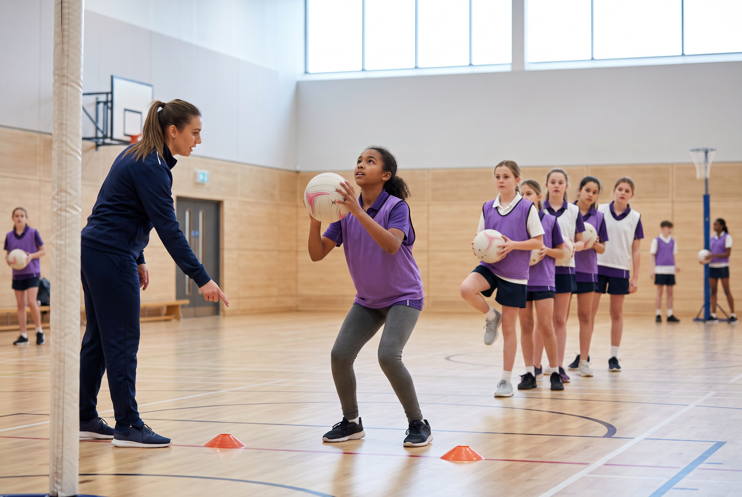 Young netball player practising a catch, balanced landing and shot while a coach gives a cue.