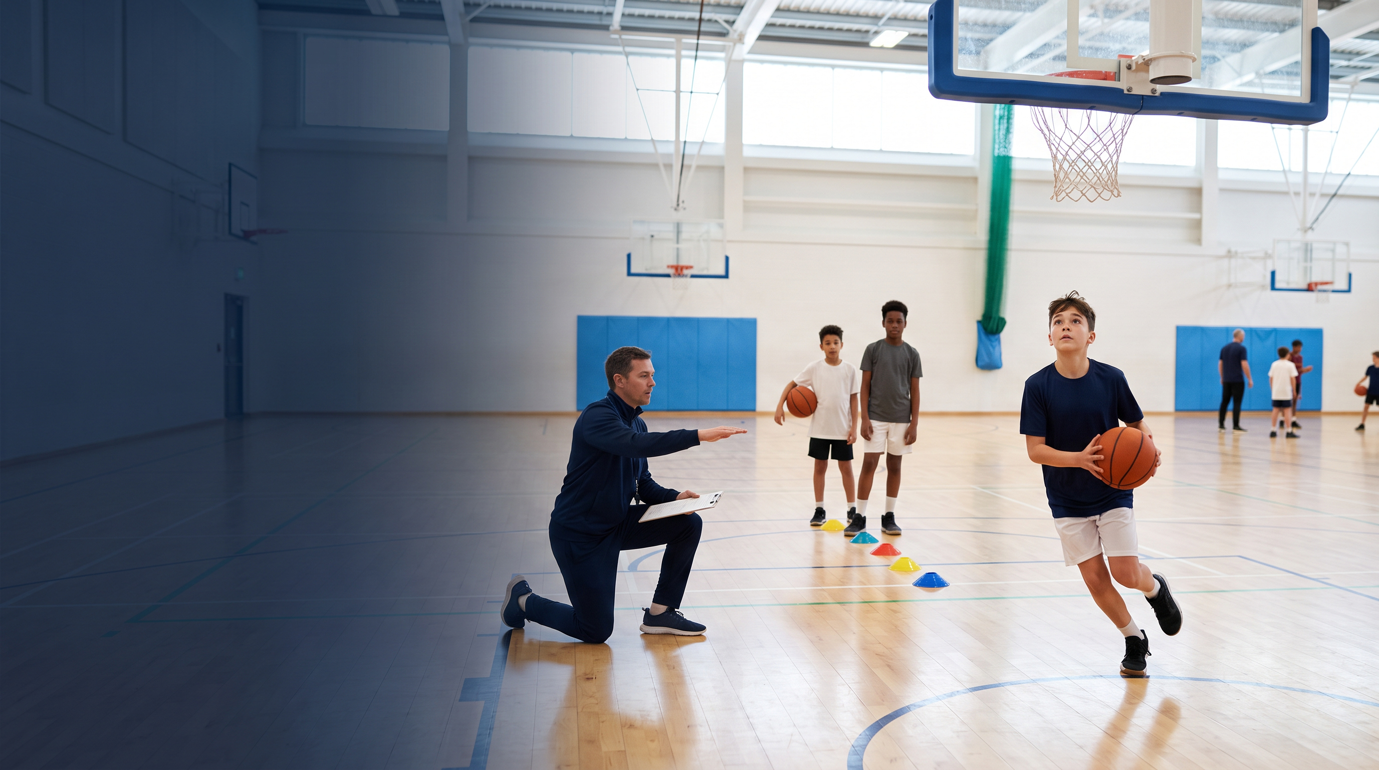 Young basketball player completing a layup progression while teammates and coach observe.