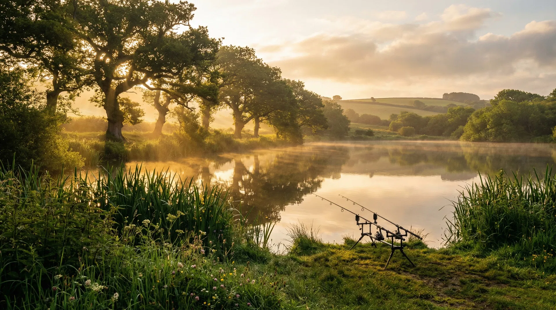 Serene Cornwall fishing lake at golden hour