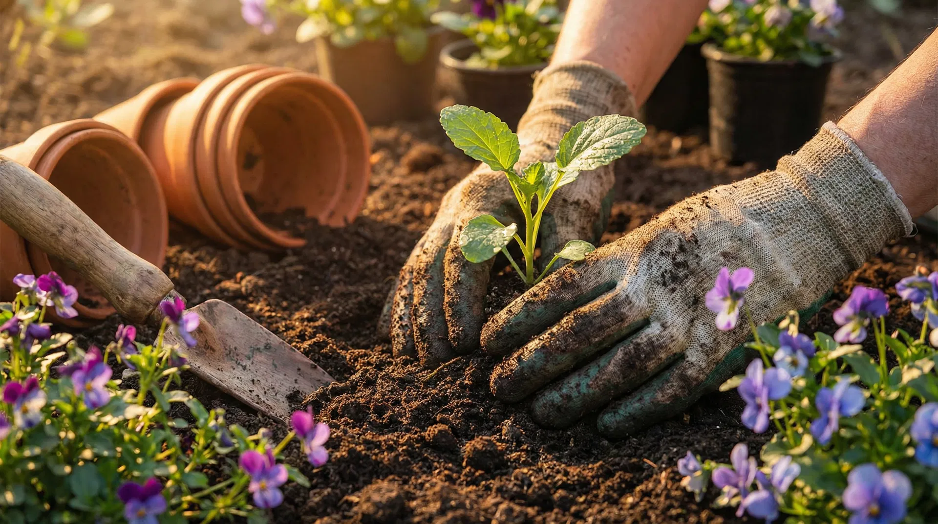Hands planting in rich soil with vibrant flowers