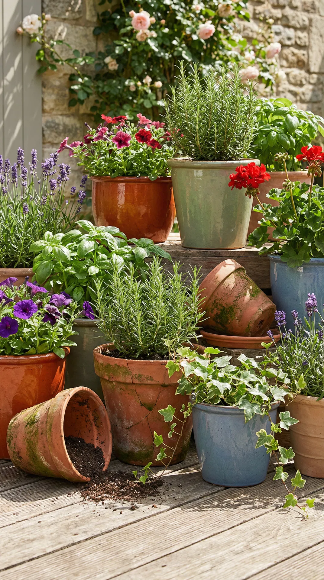 Colorful container gardens with herbs and flowers