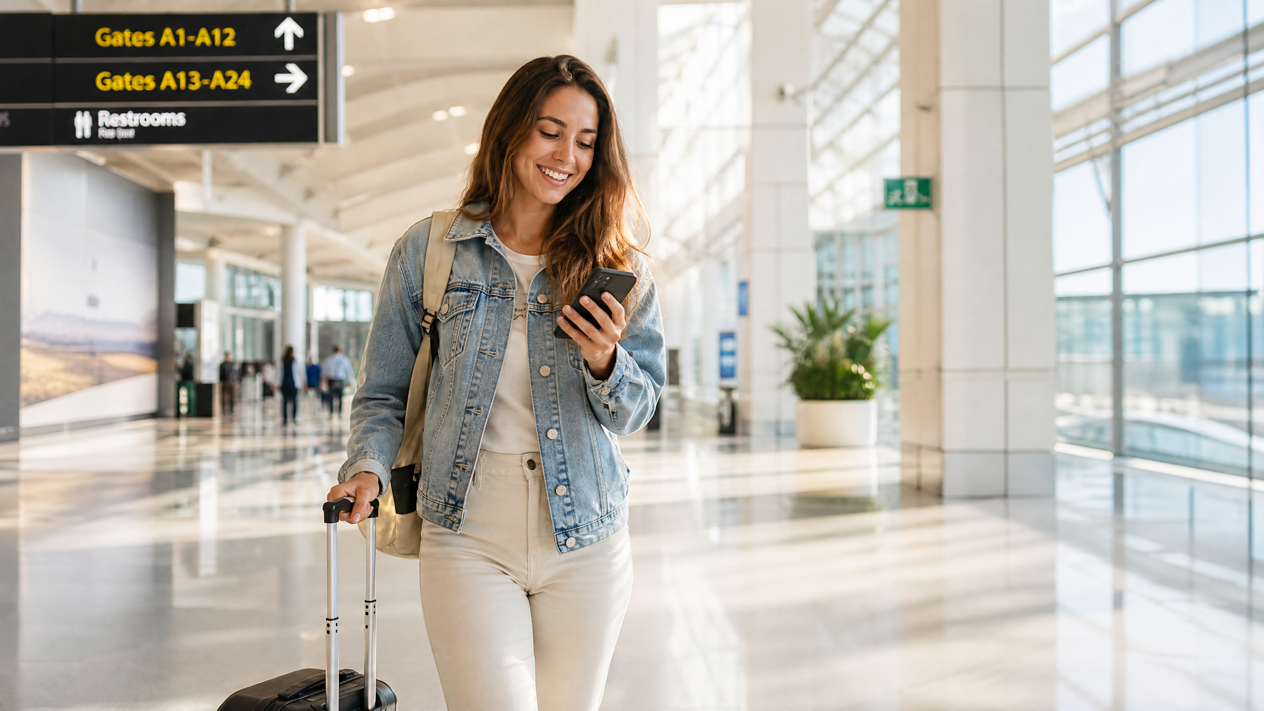 Traveler using phone at airport