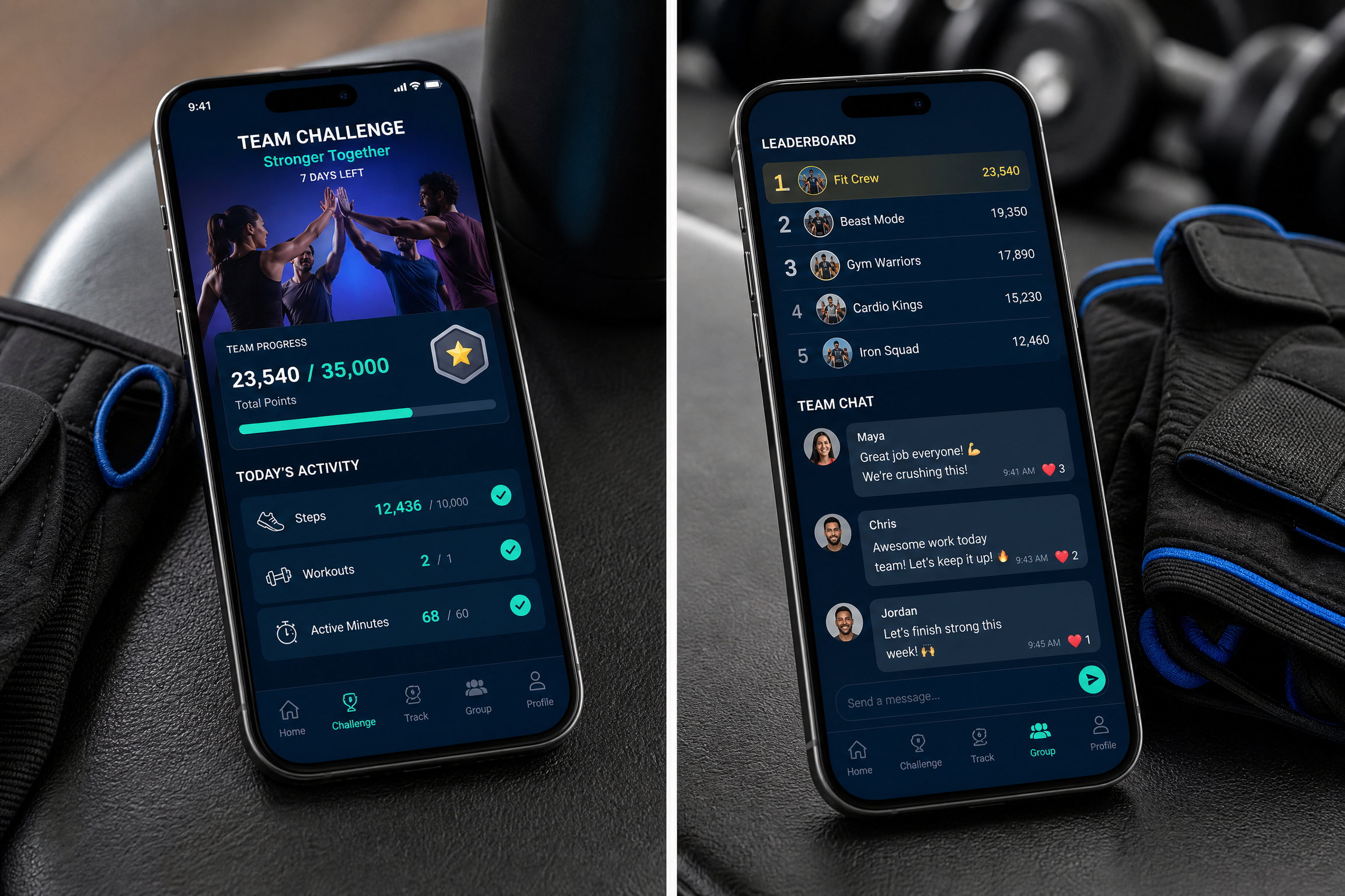 A split-screen view of a smartphone showing a fitness app with team challenge interface, leaderboard rankings, and encouraging messages between teammates.