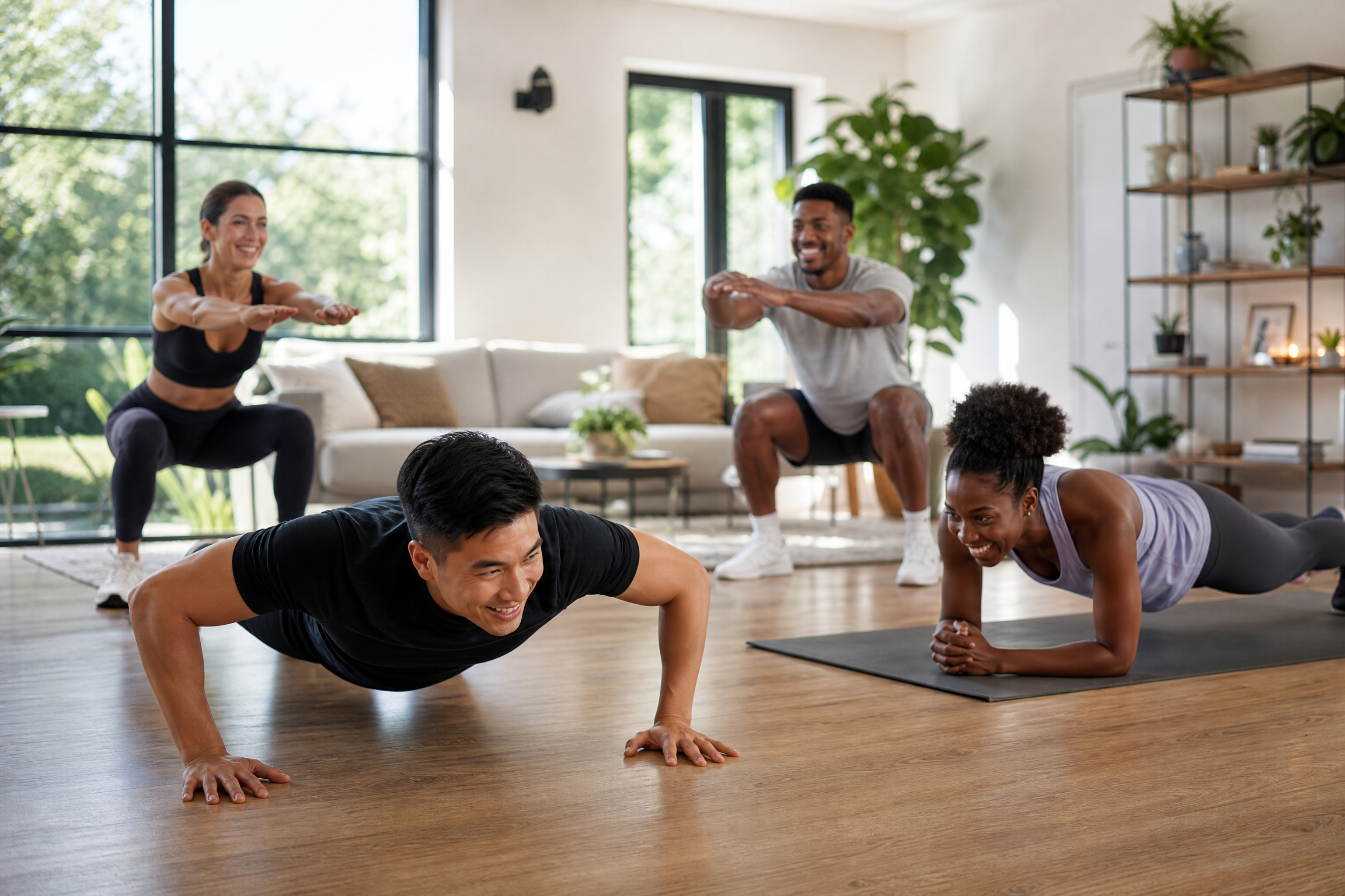 A diverse group of people doing bodyweight exercises in a bright, modern living room. Push-ups, squats, and planks visible in different corners.