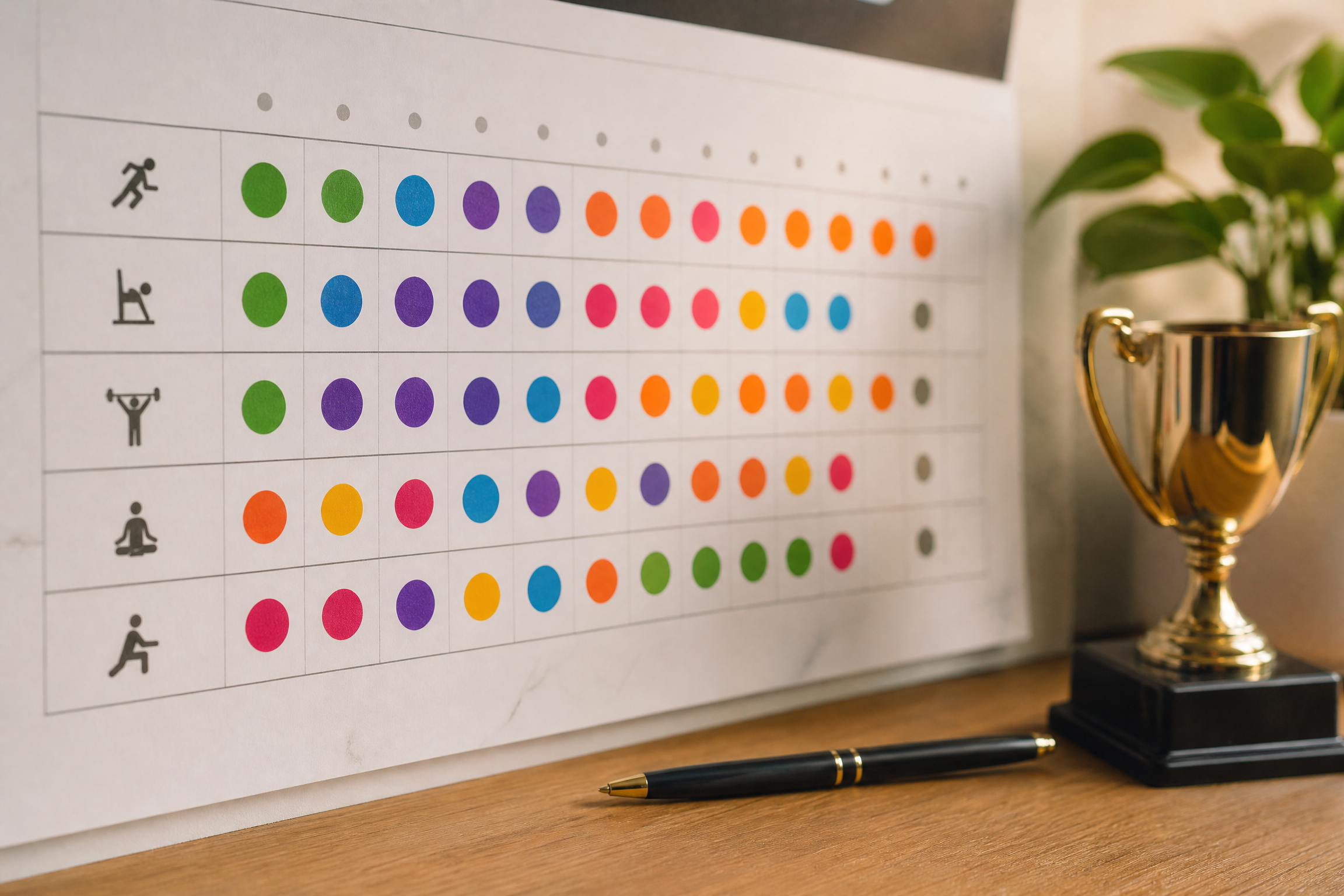 A close-up of a wall calendar or digital tracker with colorful sticker dots marking completed daily workout habits over several weeks.