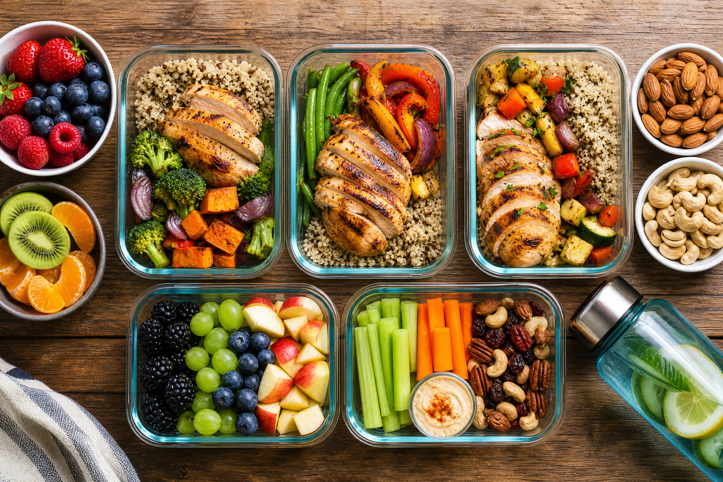 A beautiful flat-lay photograph of colorful healthy meal prep containers with grilled chicken, quinoa, roasted vegetables, fresh fruits, and nuts.