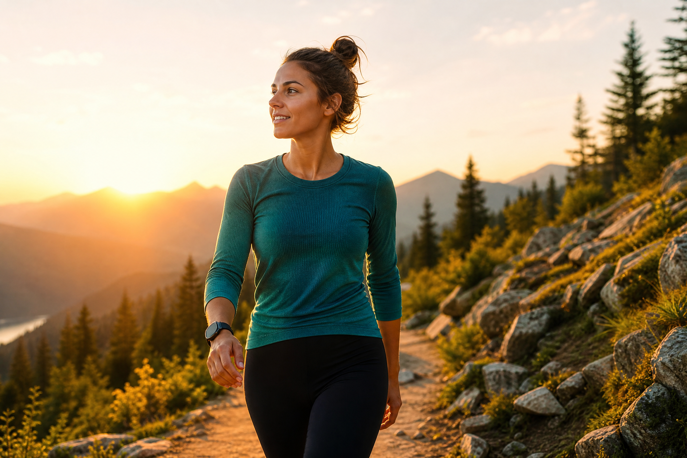 A person walking outdoors on a scenic trail at sunrise, wearing athletic clothing and fitness tracker watch on wrist. Beautiful golden hour lighting, mountain or forest path visible.