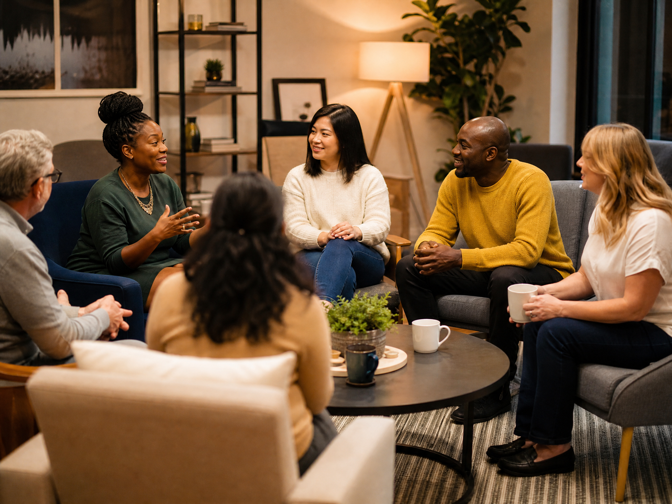 A diverse group of people sitting in a cozy circle in a modern living room, engaged in an animated conversation