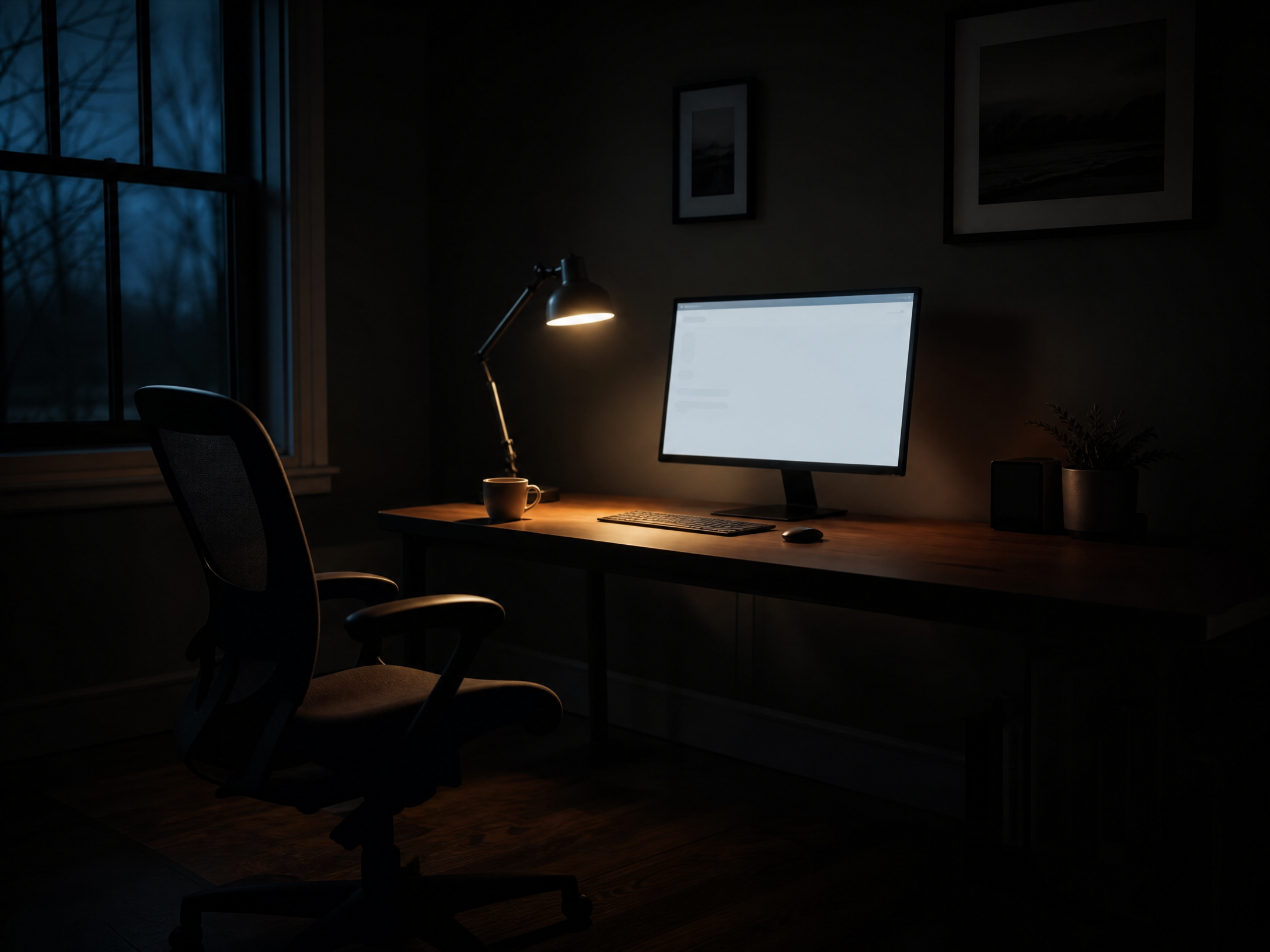 An empty, quiet home office with a single desk lamp on, a computer screen glowing in the dark room, conveying the feeling of an empty online community