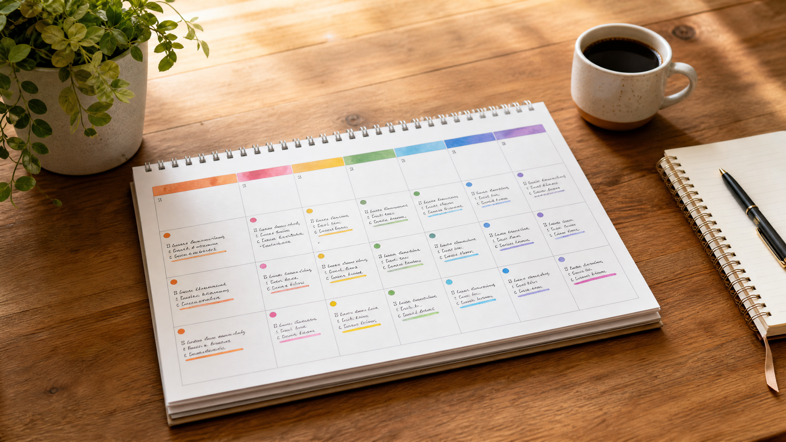 A beautiful monthly calendar layout on a wooden desk with handwritten discussion prompts written in each week