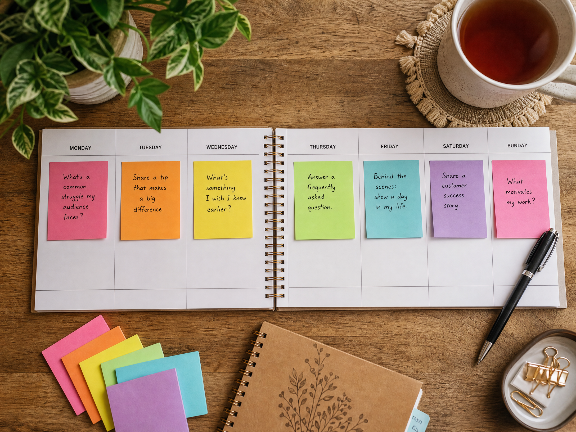 A beautiful flat-lay of a weekly content planning calendar spread across a wooden desk with colorful sticky notes
