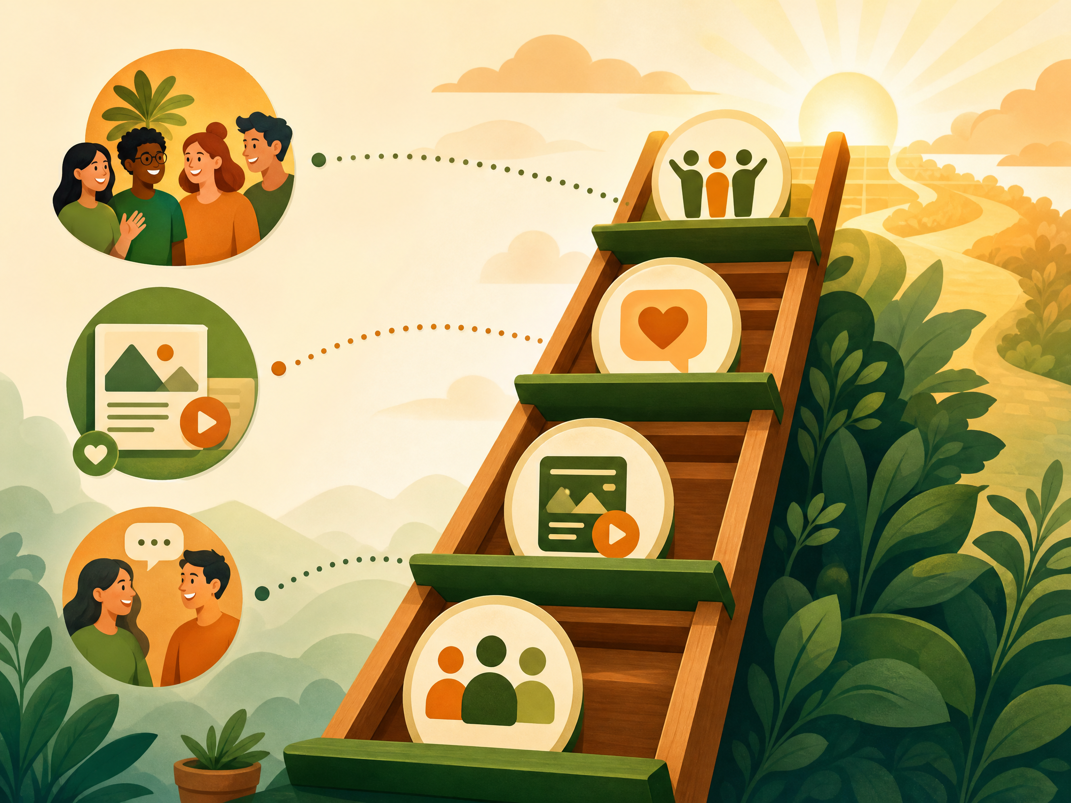 A conceptual illustration of subscriber retention shown as a ladder going upward, with icons representing community, content, and connection