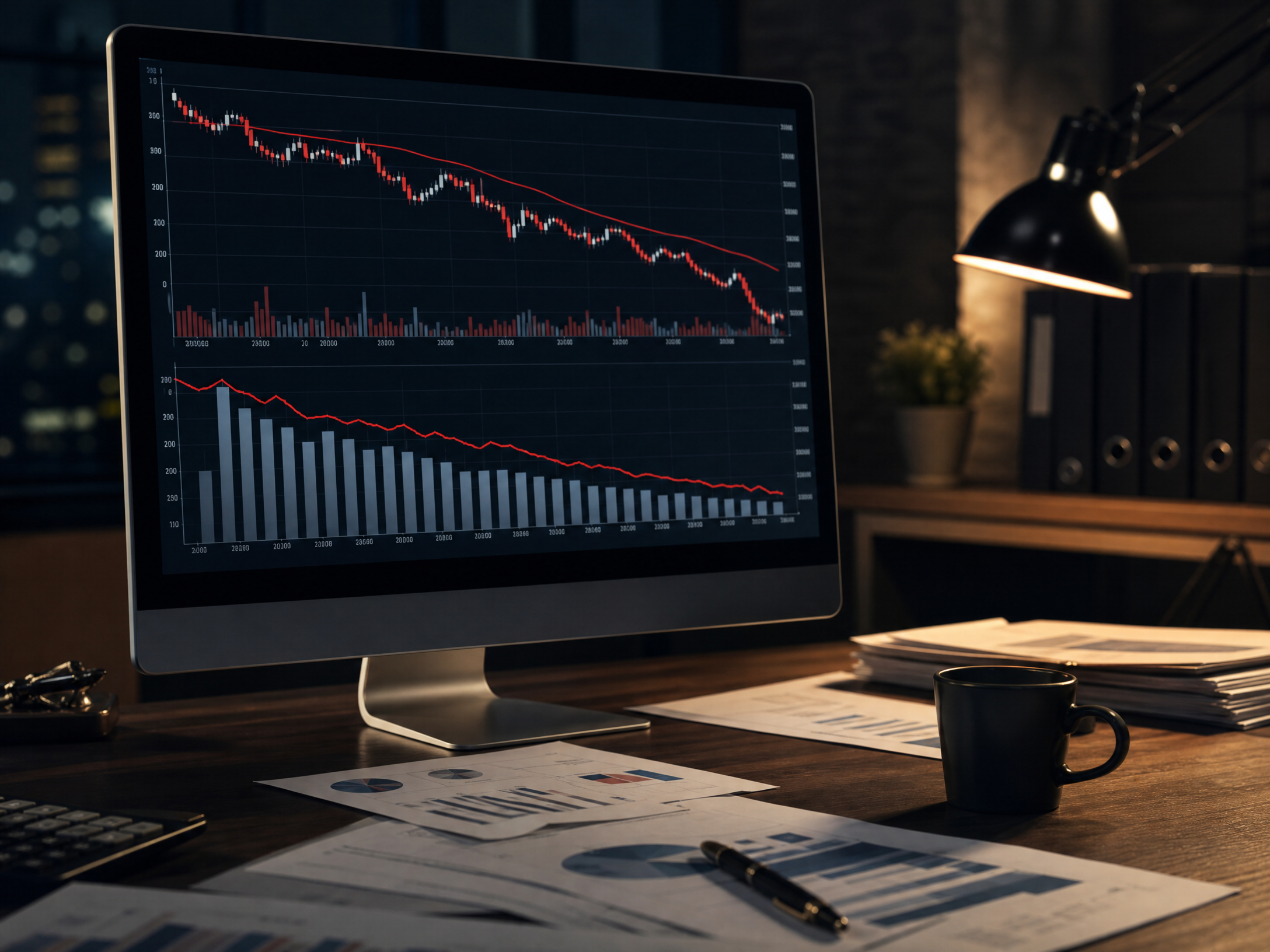 A financial chart on a computer screen showing declining stock price and revenue graphs going downward over time, with red trend lines. The screen sits on a desk with financial documents scattered around. Moody lighting, professional business photography style, no text overlay