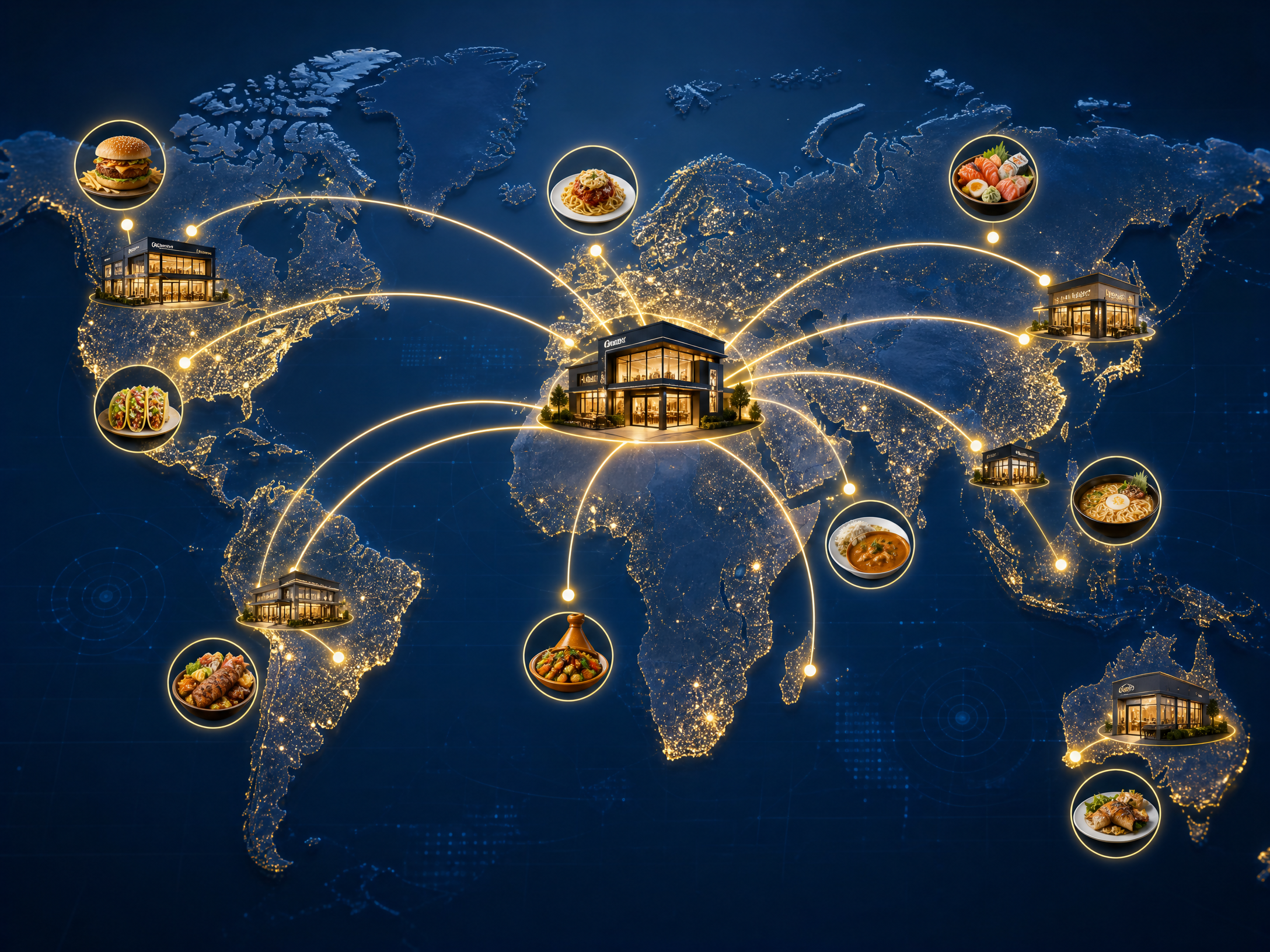 A world map with glowing connection lines showing international restaurant expansion, with food icons and restaurant building silhouettes appearing across different continents. Clean modern infographic style, blue and gold color palette, professional illustration, no text overlay