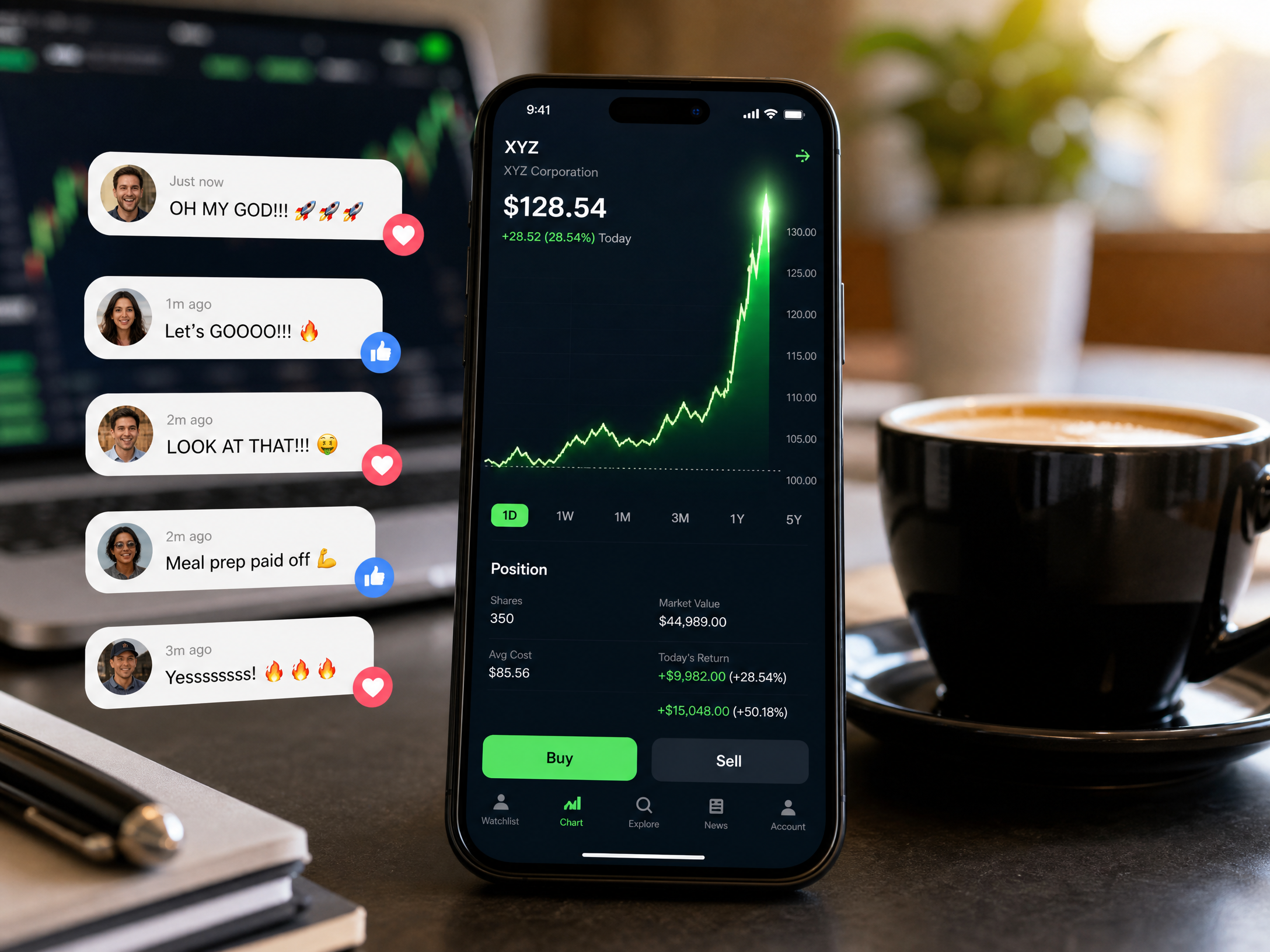A smartphone screen showing a stock trading app with a dramatic upward green spike in a stock chart, with social media notification bubbles showing excitement. The phone sits on a desk next to a coffee cup. Modern tech photography, bright and energetic, no text overlay