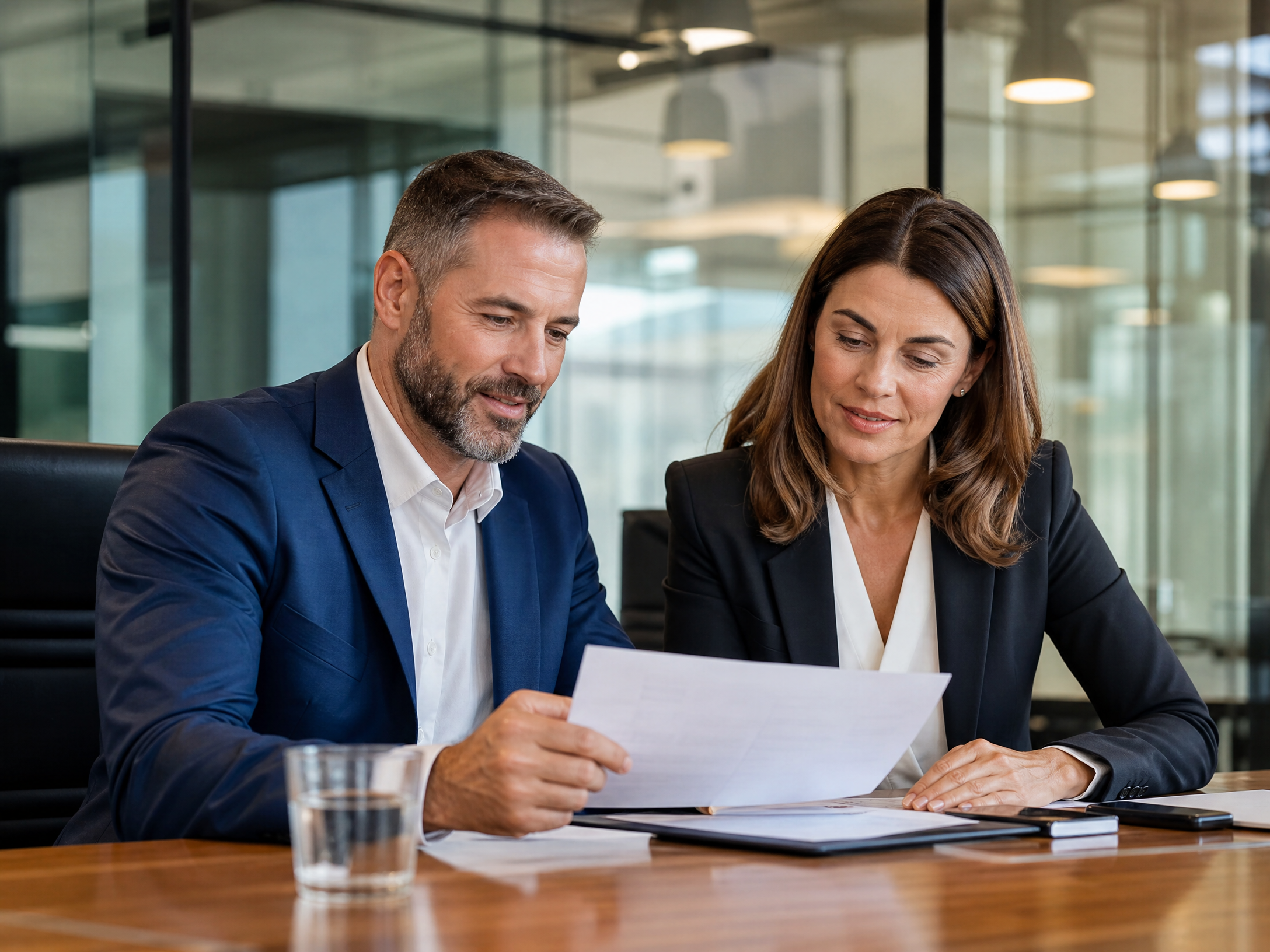 Two professional business executives sitting at a conference table, reviewing documents together. One man and one woman in business attire, confident expressions, modern boardroom setting with glass walls. Professional corporate photography, warm lighting, no text overlay