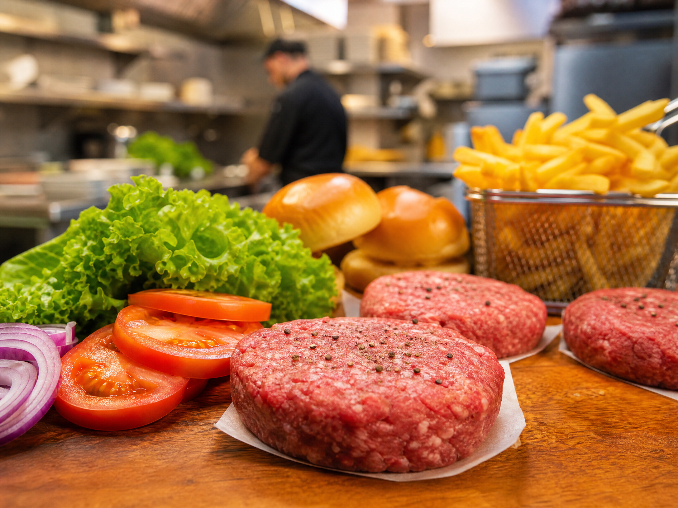 A close-up of fresh never frozen beef patties being prepared in a modern commercial kitchen, with fresh lettuce, tomatoes, and golden French fries visible. Bright clean kitchen environment, professional food photography, warm lighting, appetizing presentation, no text overlay