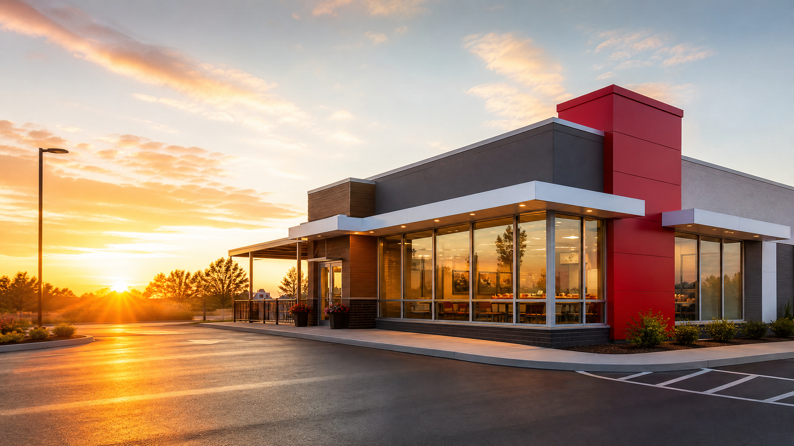 A bright sunrise over a modern fast food restaurant that has been renovated with new branding and updated exterior. Hopeful, optimistic atmosphere, golden morning light, professional commercial photography, no text overlay