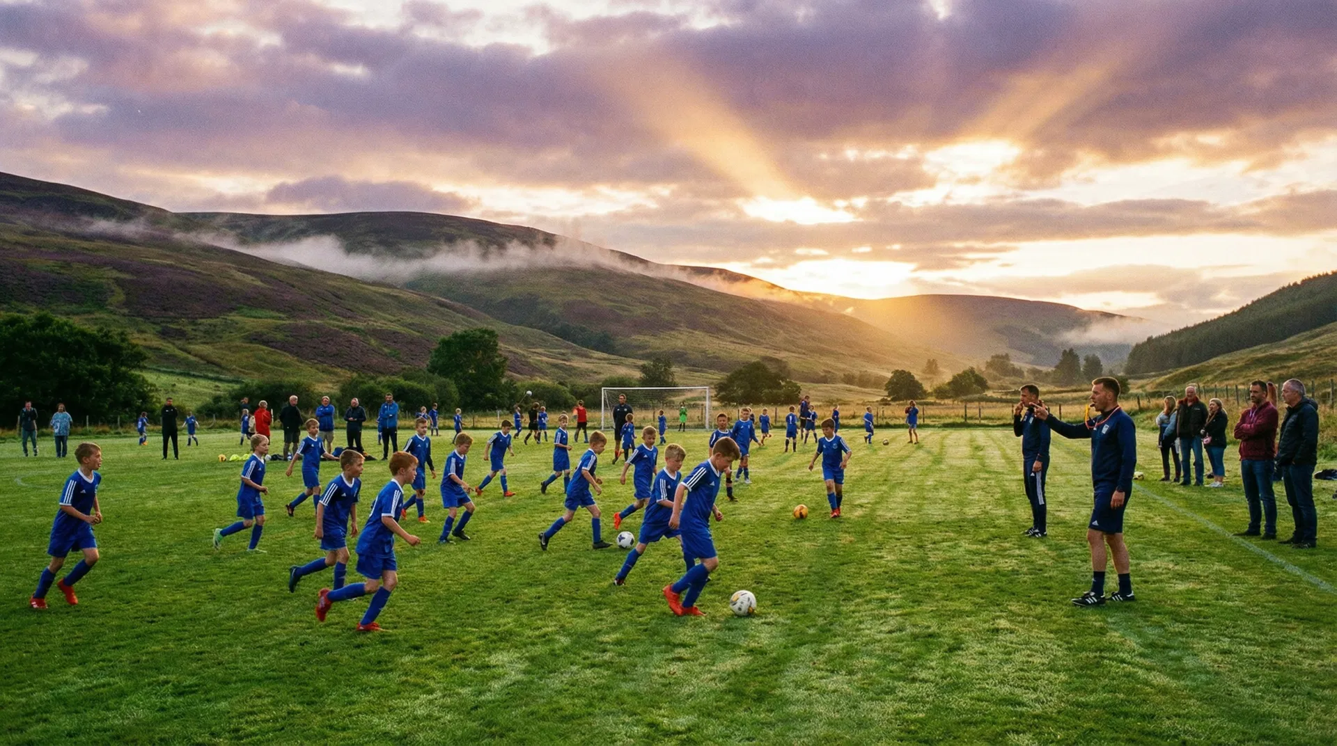 Youth football training at dusk