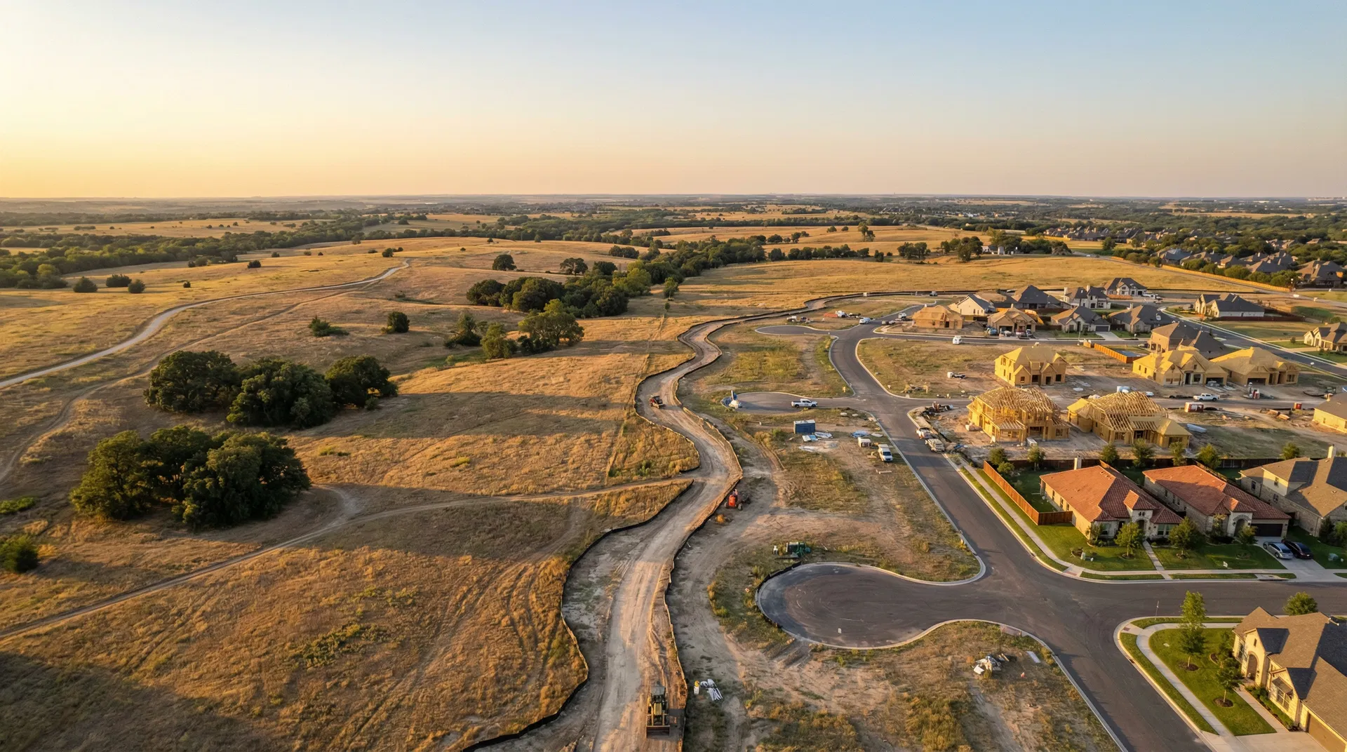 Aerial view of Texas land transitioning from raw prairie to modern development