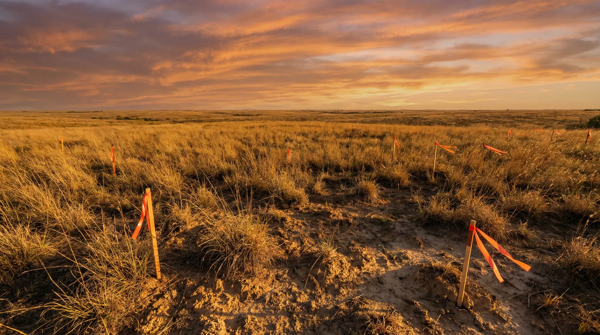 Texas prairie land with survey stakes and orange flagging tape