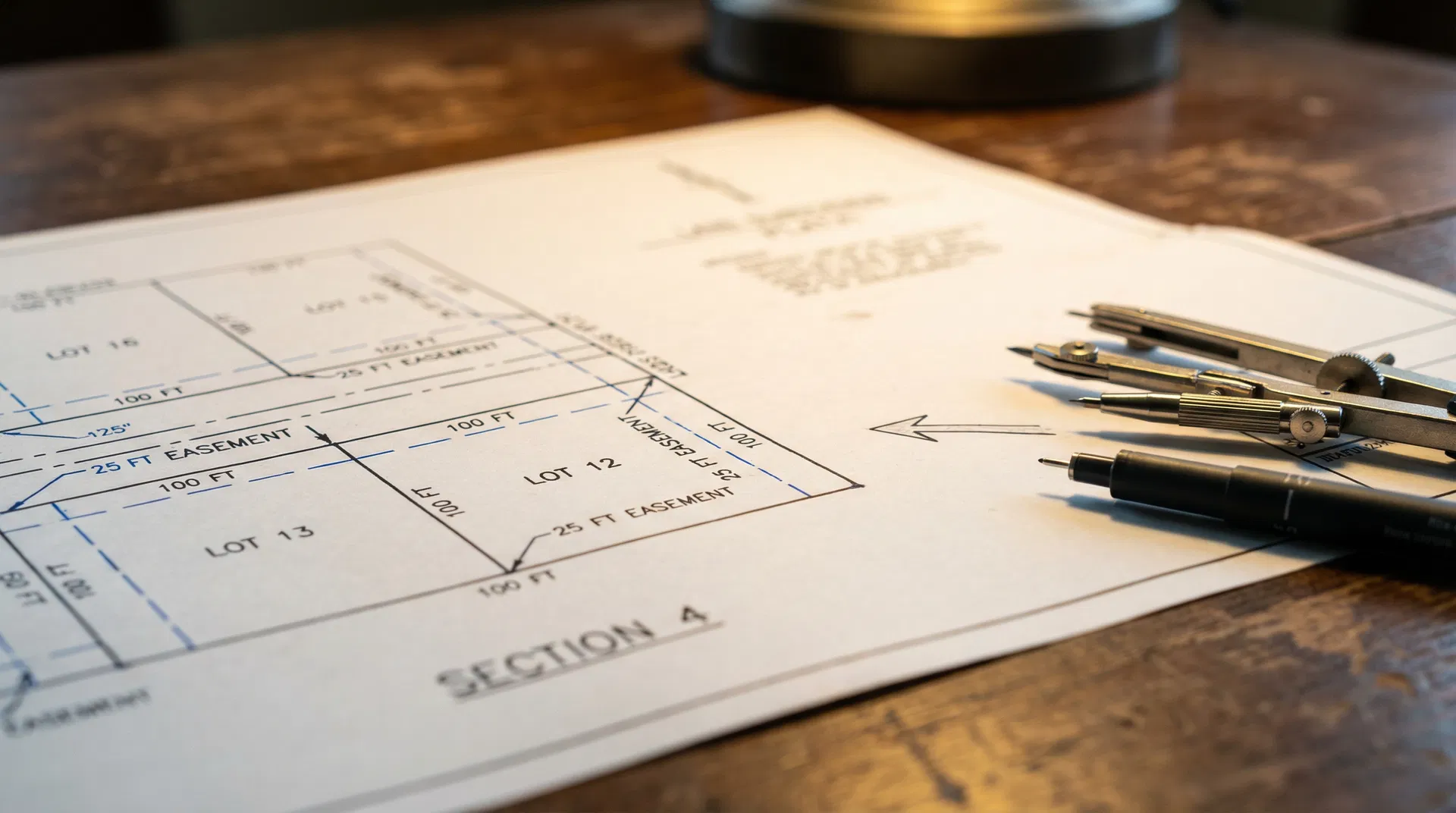 Professional land subdivision plat document on desk with drafting tools