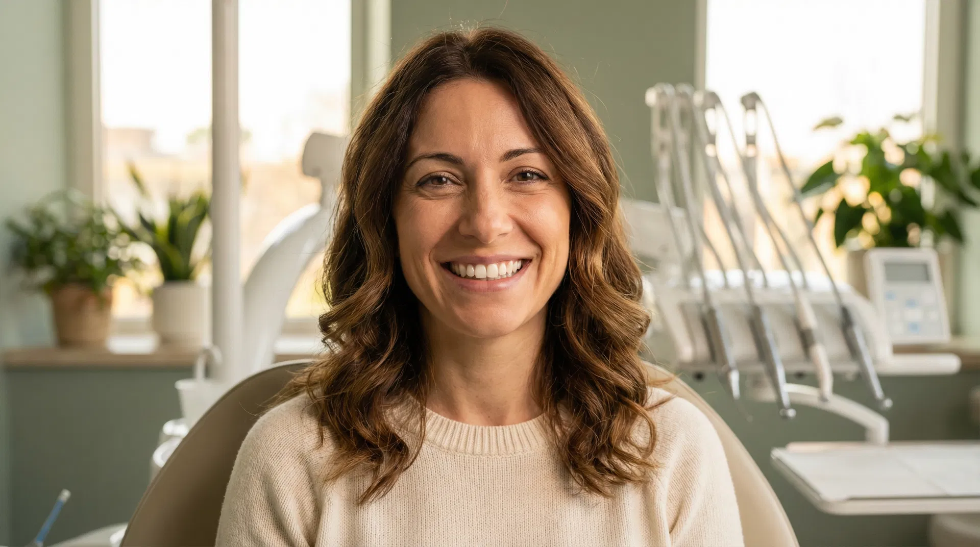 Paziente con sorriso bianco naturale in studio dentistico