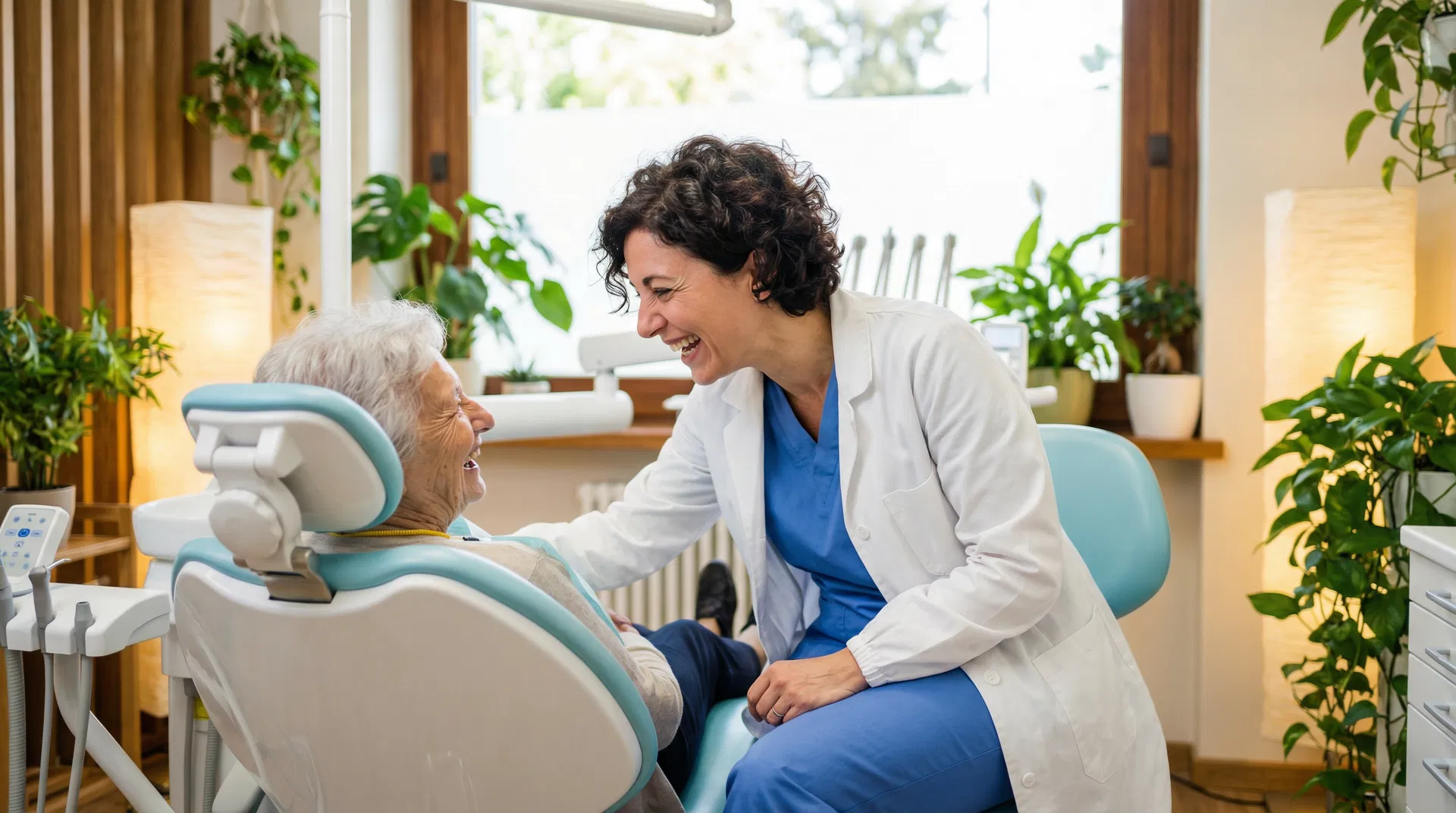 Dentista con paziente in studio moderno e accogliente