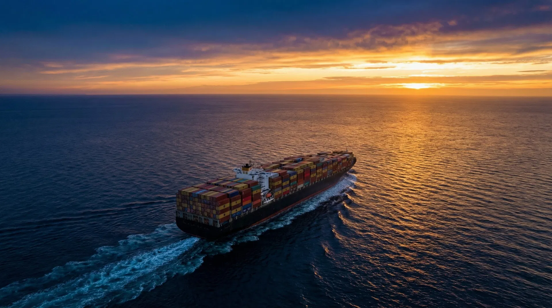 Container ship sailing at sunset