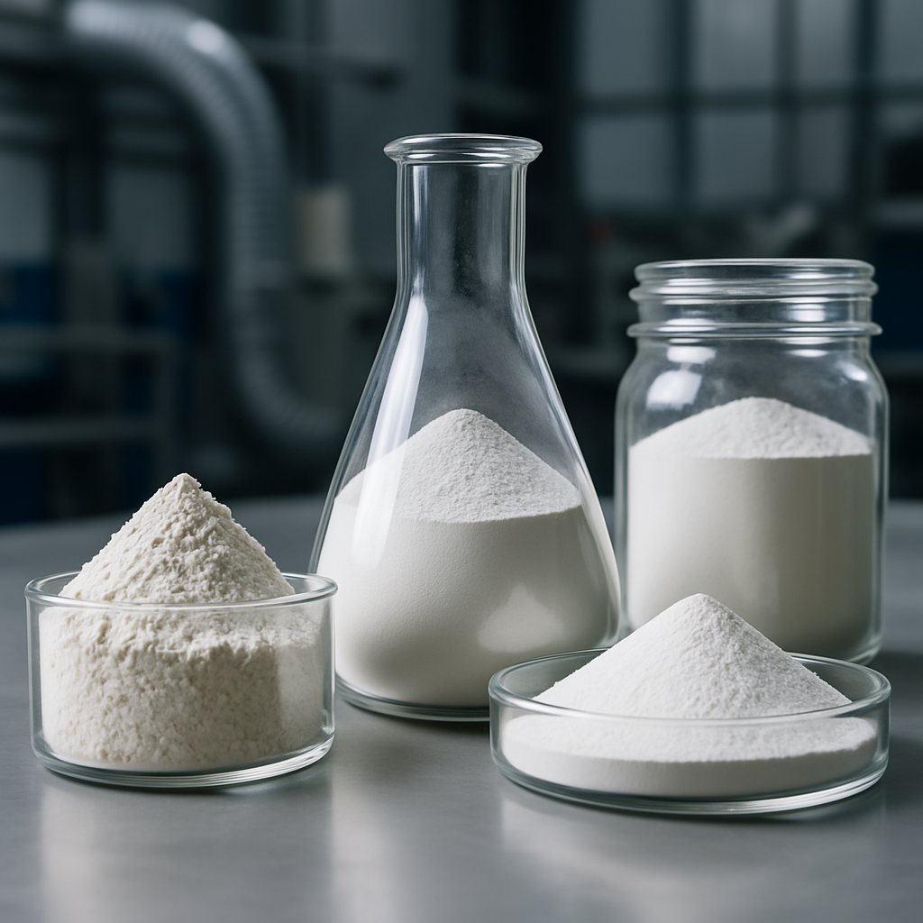 Different grades of zirconium silicate powder samples in laboratory containers