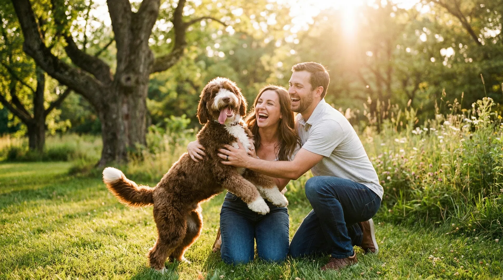 Happy family with their adopted doodle