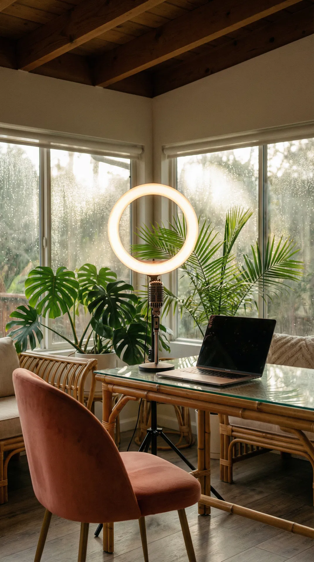 Digital creator studio setup with ring light and laptop