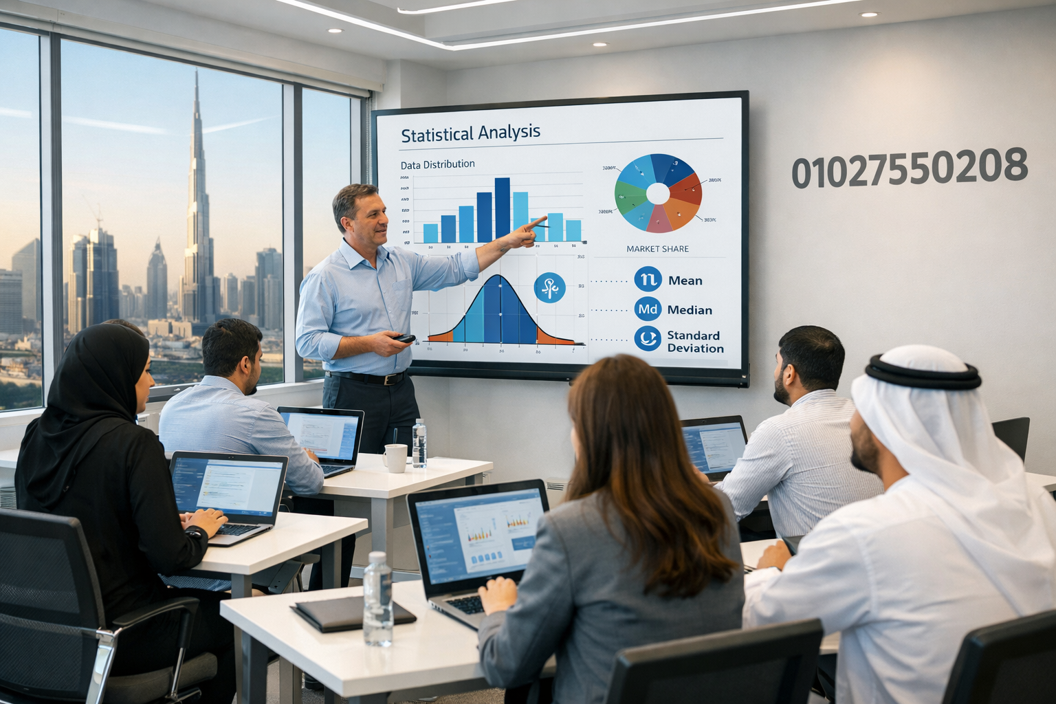 مجموعة من الطلاب يعملون على أجهزة الكمبيوتر في قاعة تدريب حديثة